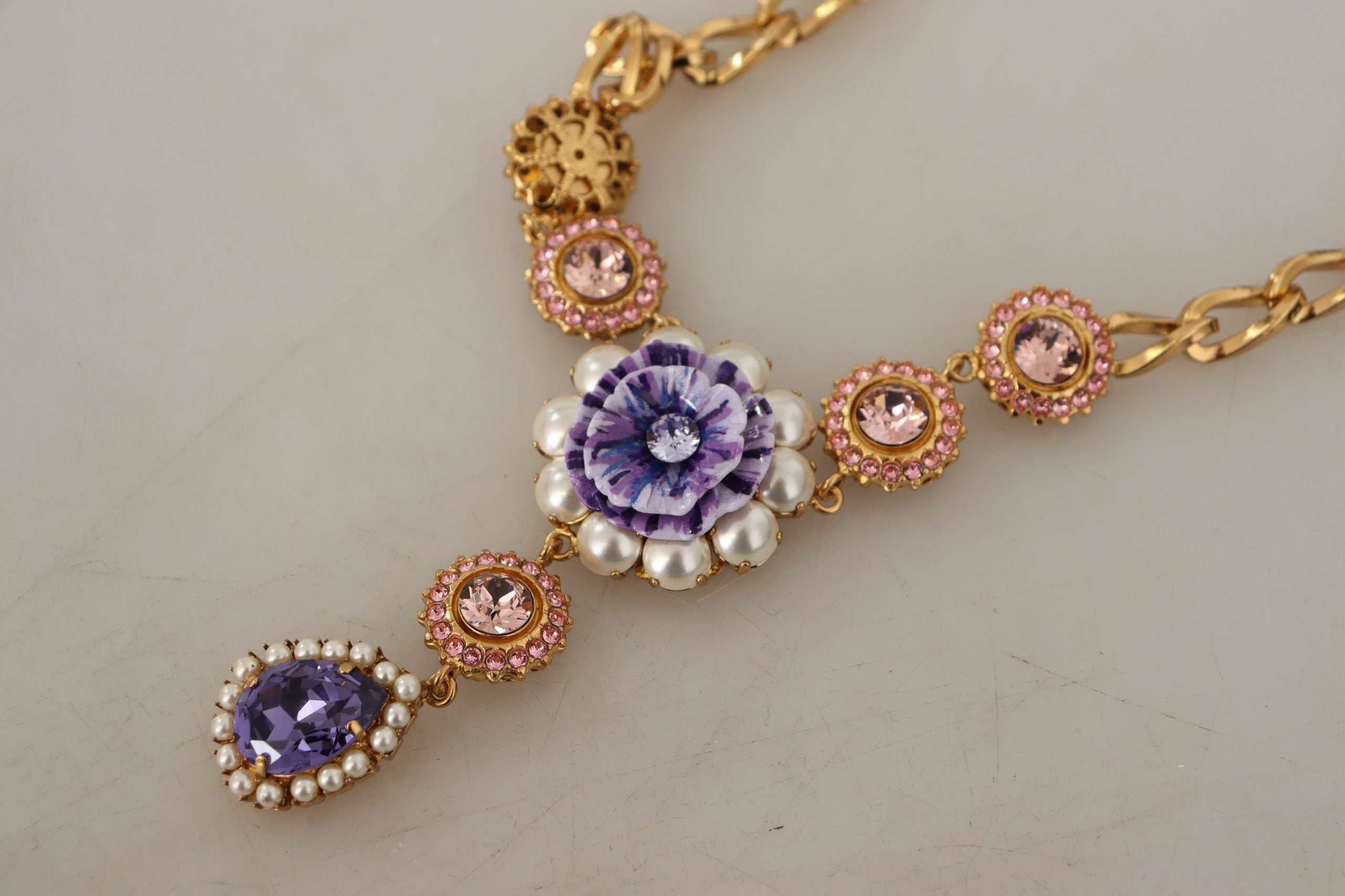 Dolce & Gabbana Gold Brass Crystal Purple Pink Pearl Pendants Necklace Dolce & Gabbana