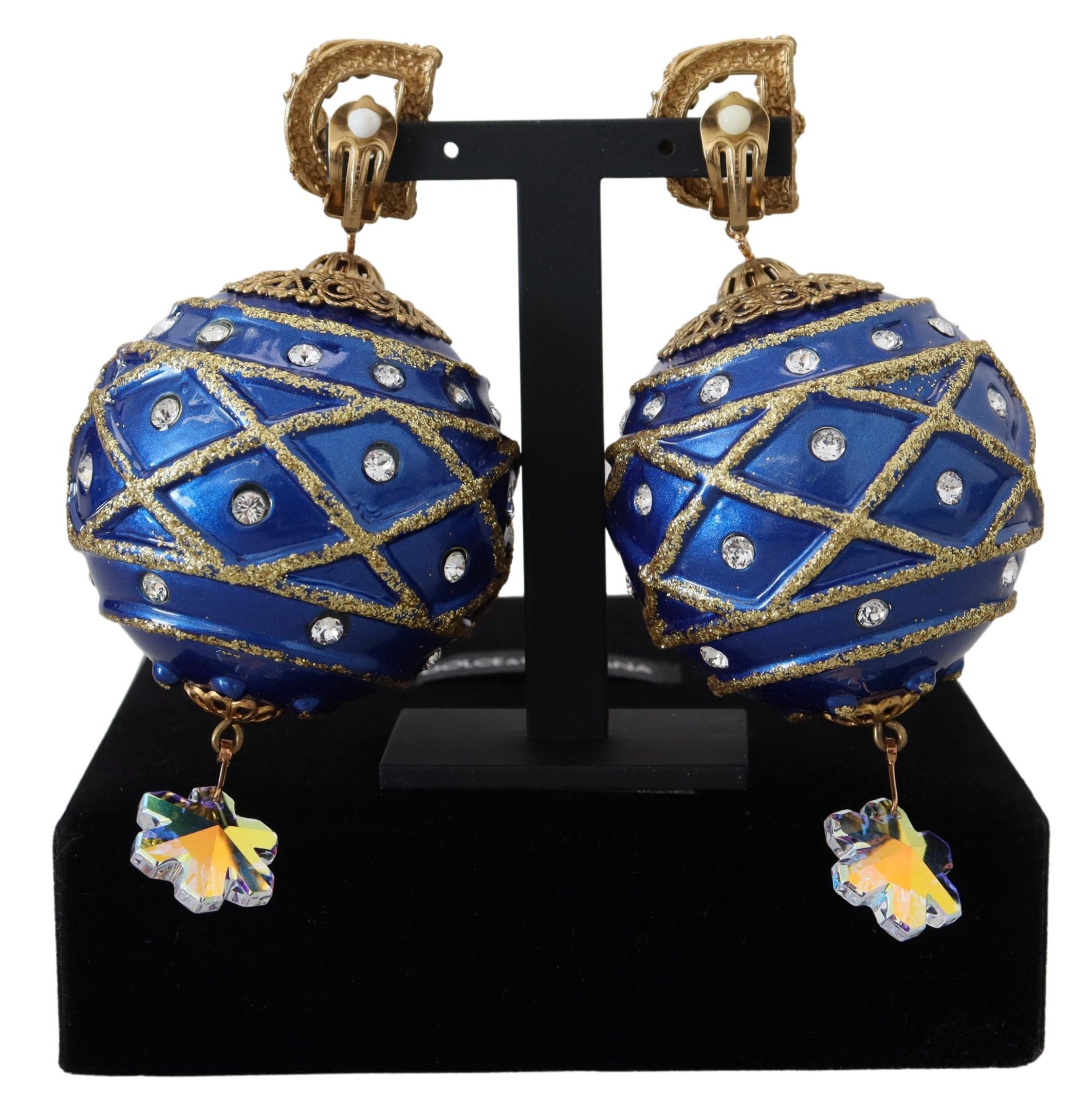 Dolce & Gabbana Gold Brass Blue Dangle Ball Crystal Clip On Earrings Dolce & Gabbana