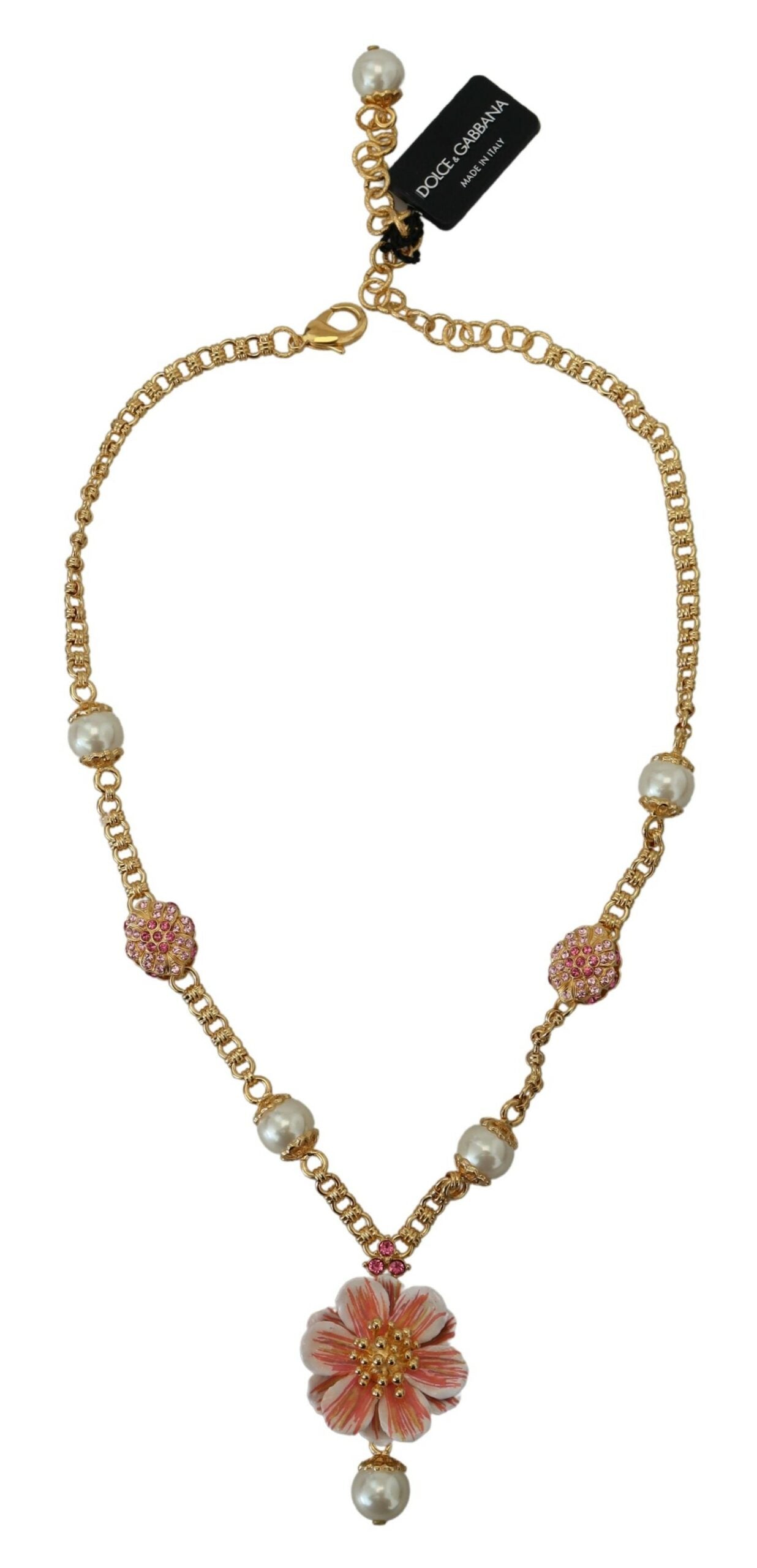 Dolce & Gabbana Gold Tone Floral Crystals Pink Embellished Necklace Dolce & Gabbana