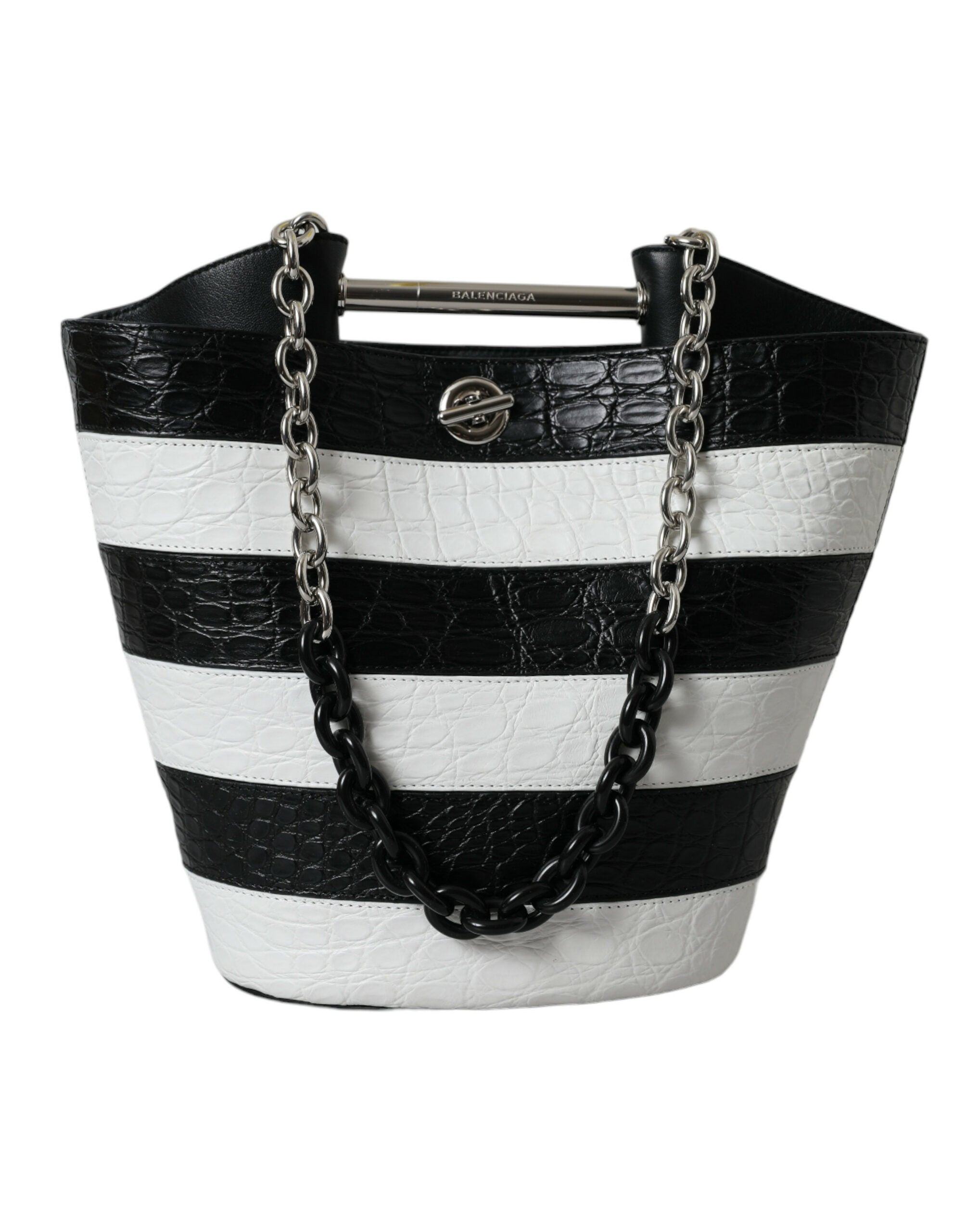 Balenciaga Black White Striped Exotic Skin Leather Maxi Bucket Tote Bag Balenciaga