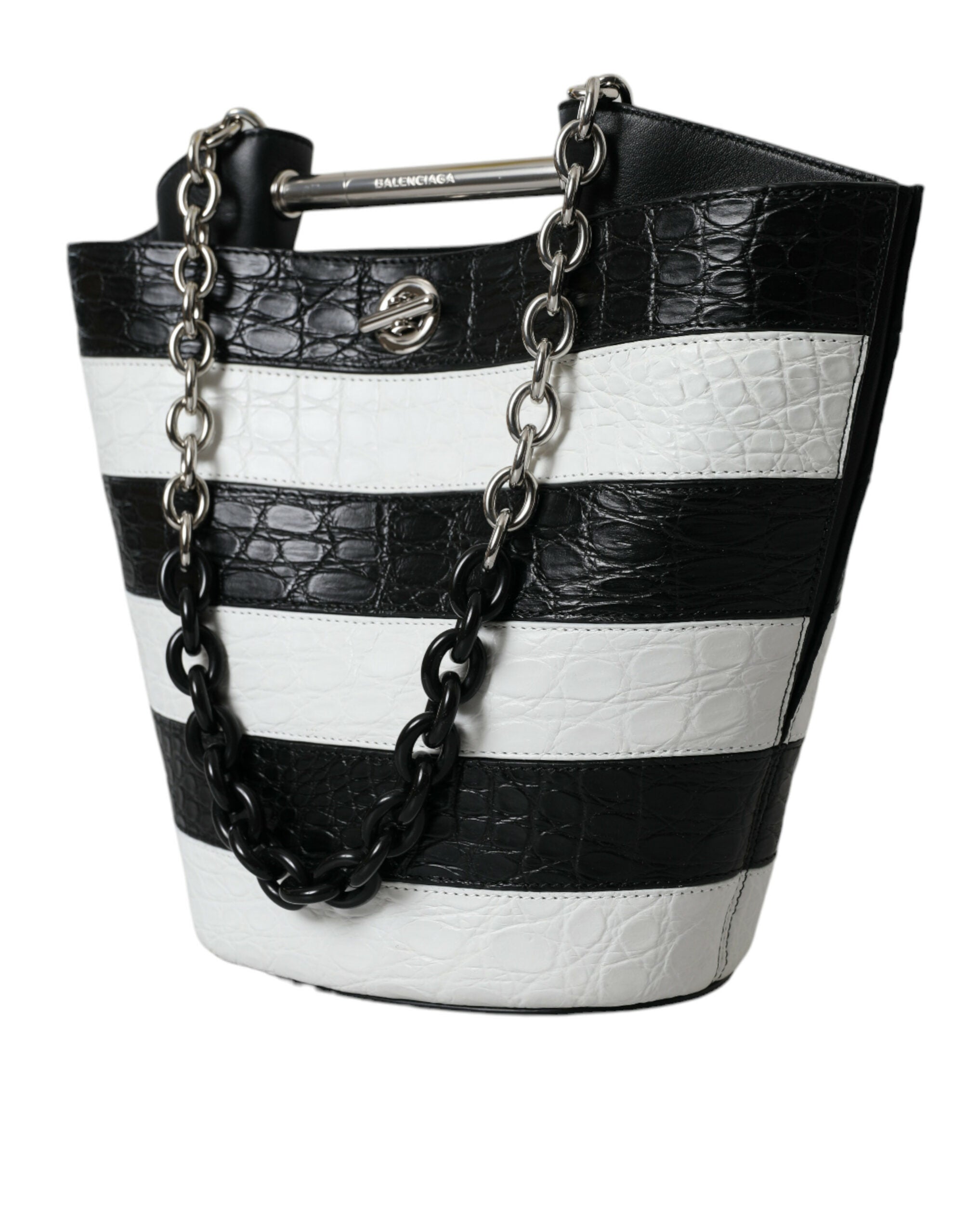 Balenciaga Black White Striped Exotic Skin Leather Maxi Bucket Tote Bag Balenciaga