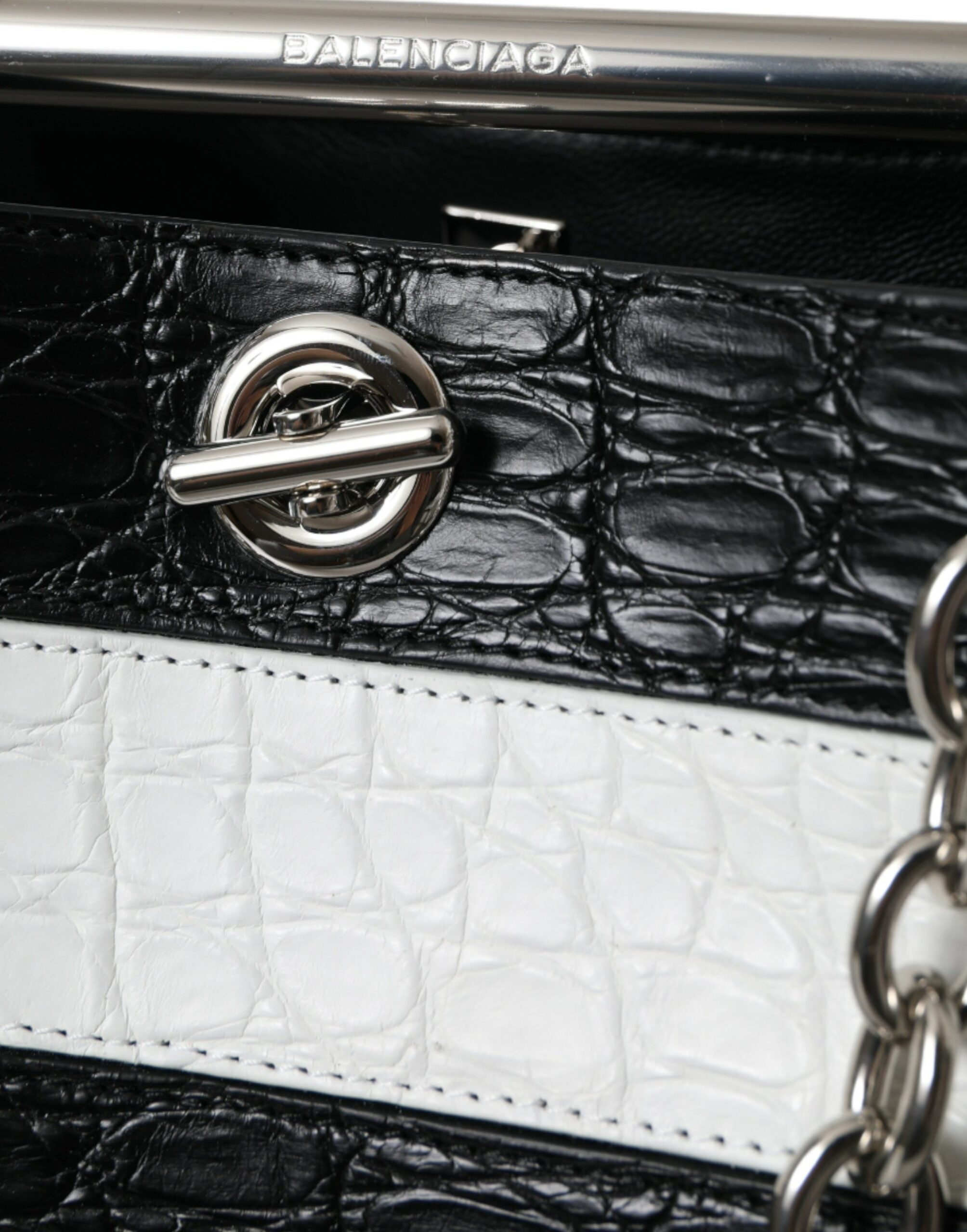 Balenciaga Black White Striped Exotic Skin Leather Maxi Bucket Tote Bag Balenciaga