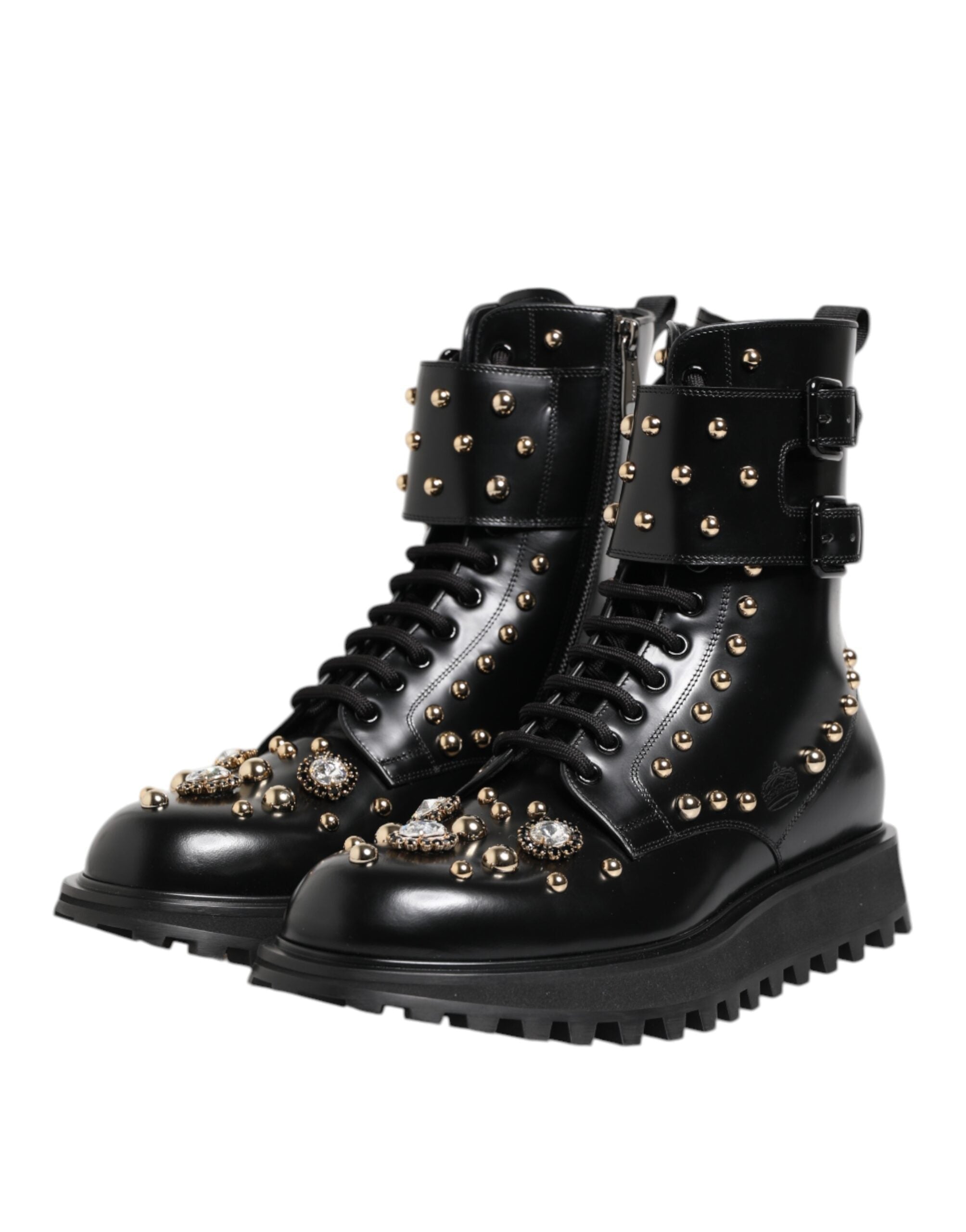 Dolce & Gabbana Black Studded Lace Up Mid Calf Boots Shoes Dolce & Gabbana