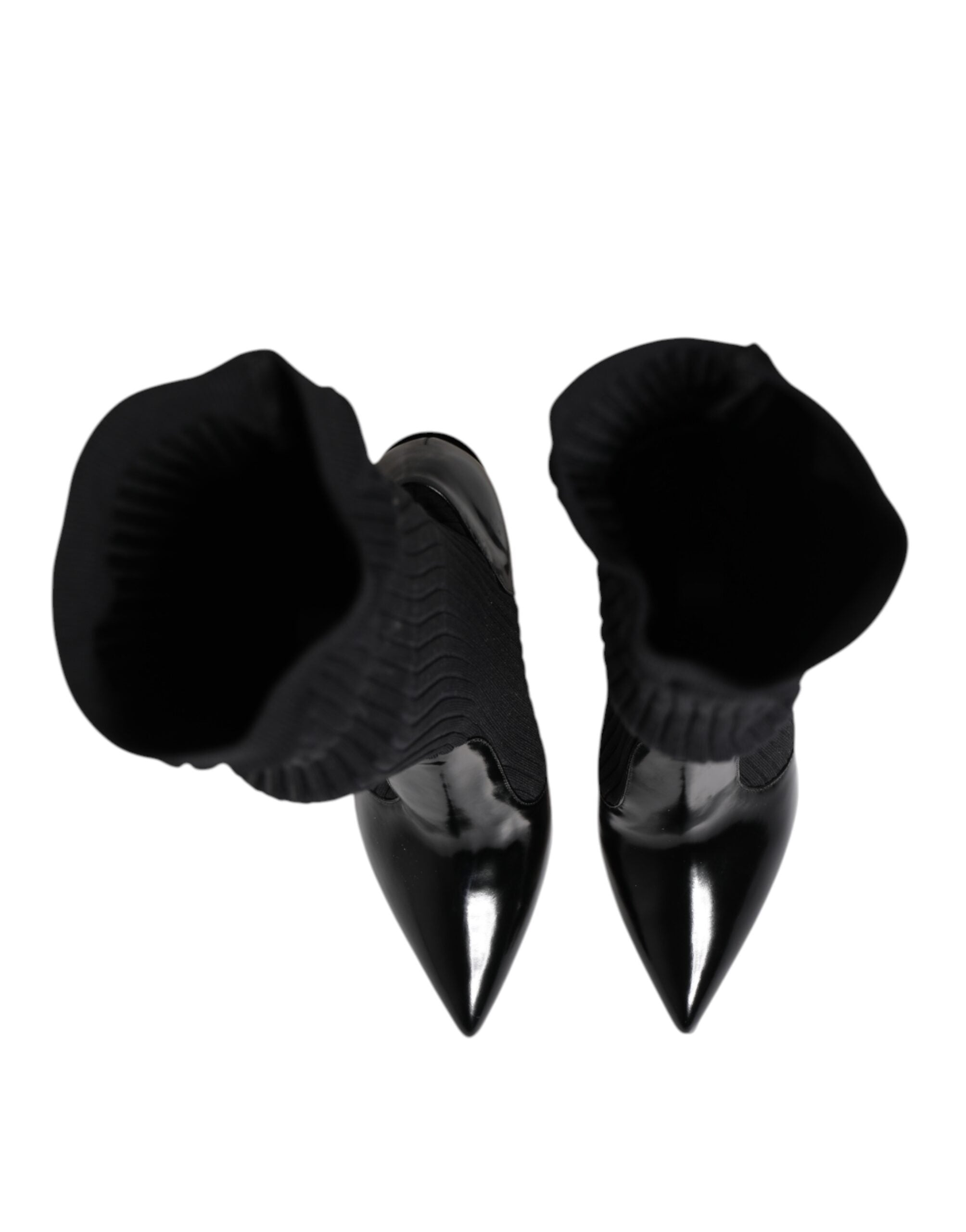 Dolce & Gabbana Black Leather Ribbed Knit Knee Boots Shoes Dolce & Gabbana