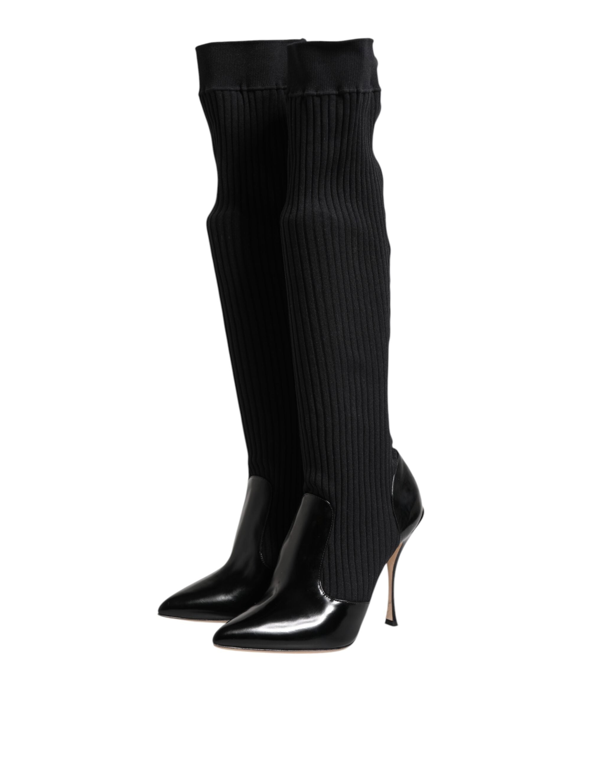 Dolce & Gabbana Black Leather Ribbed Knit Knee Boots Shoes Dolce & Gabbana