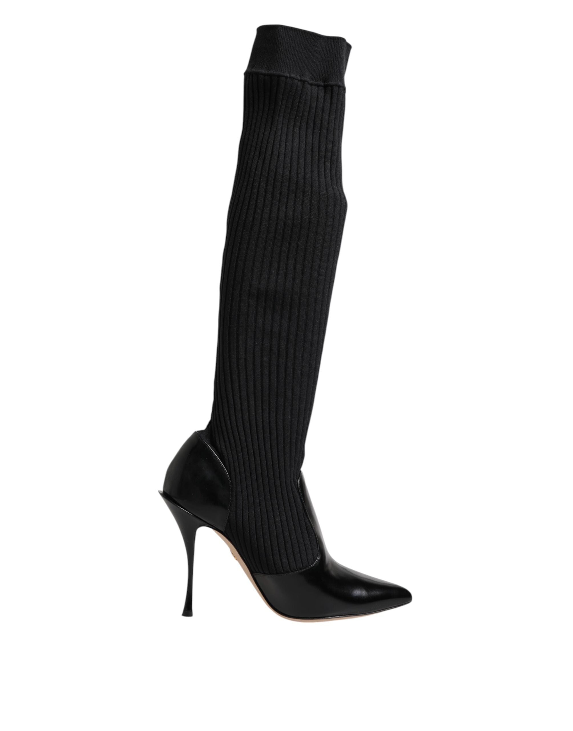 Dolce & Gabbana Black Leather Ribbed Knit Knee Boots Shoes Dolce & Gabbana