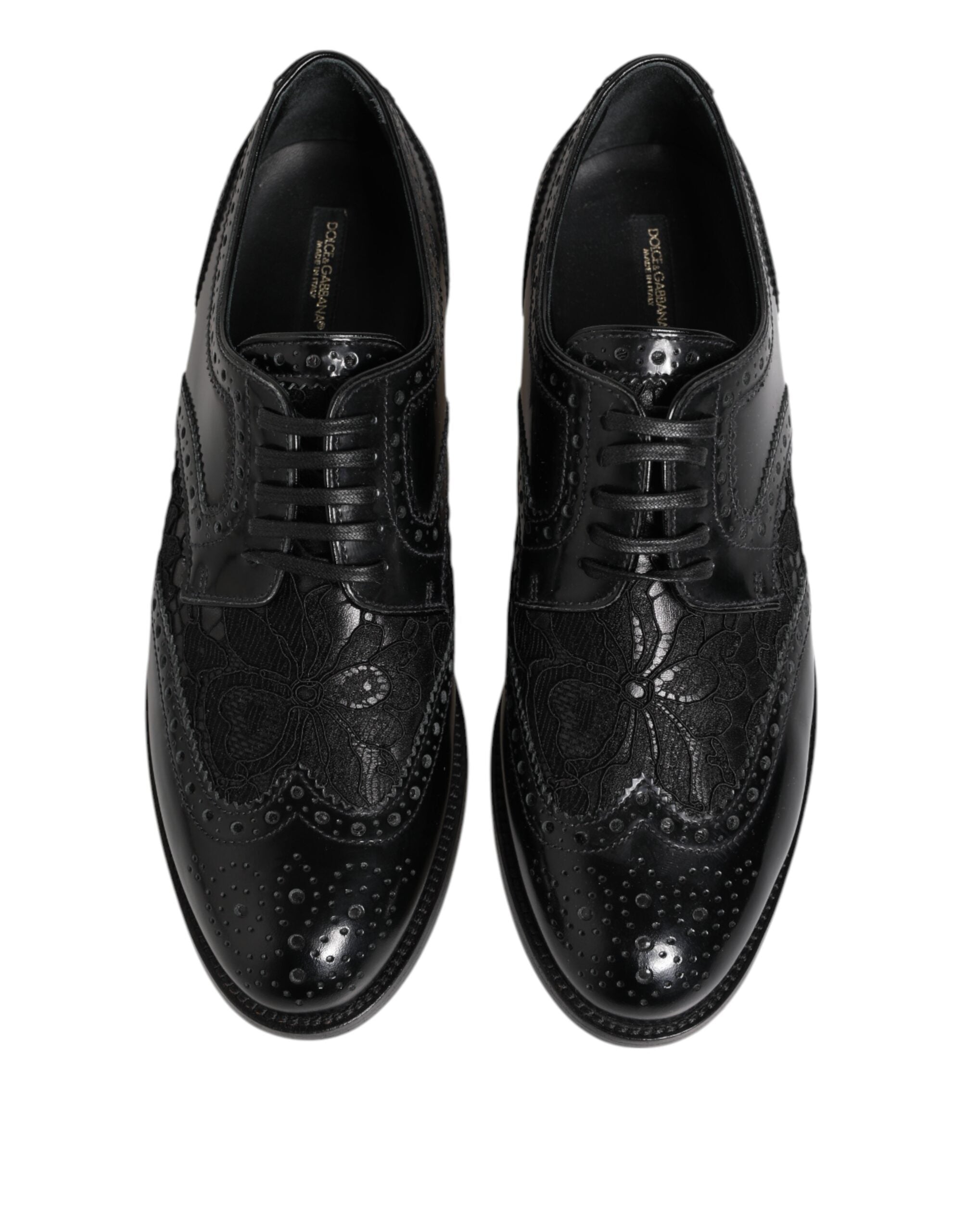 Dolce & Gabbana Black Leather Floral Lace Dress Formal  Shoes Dolce & Gabbana