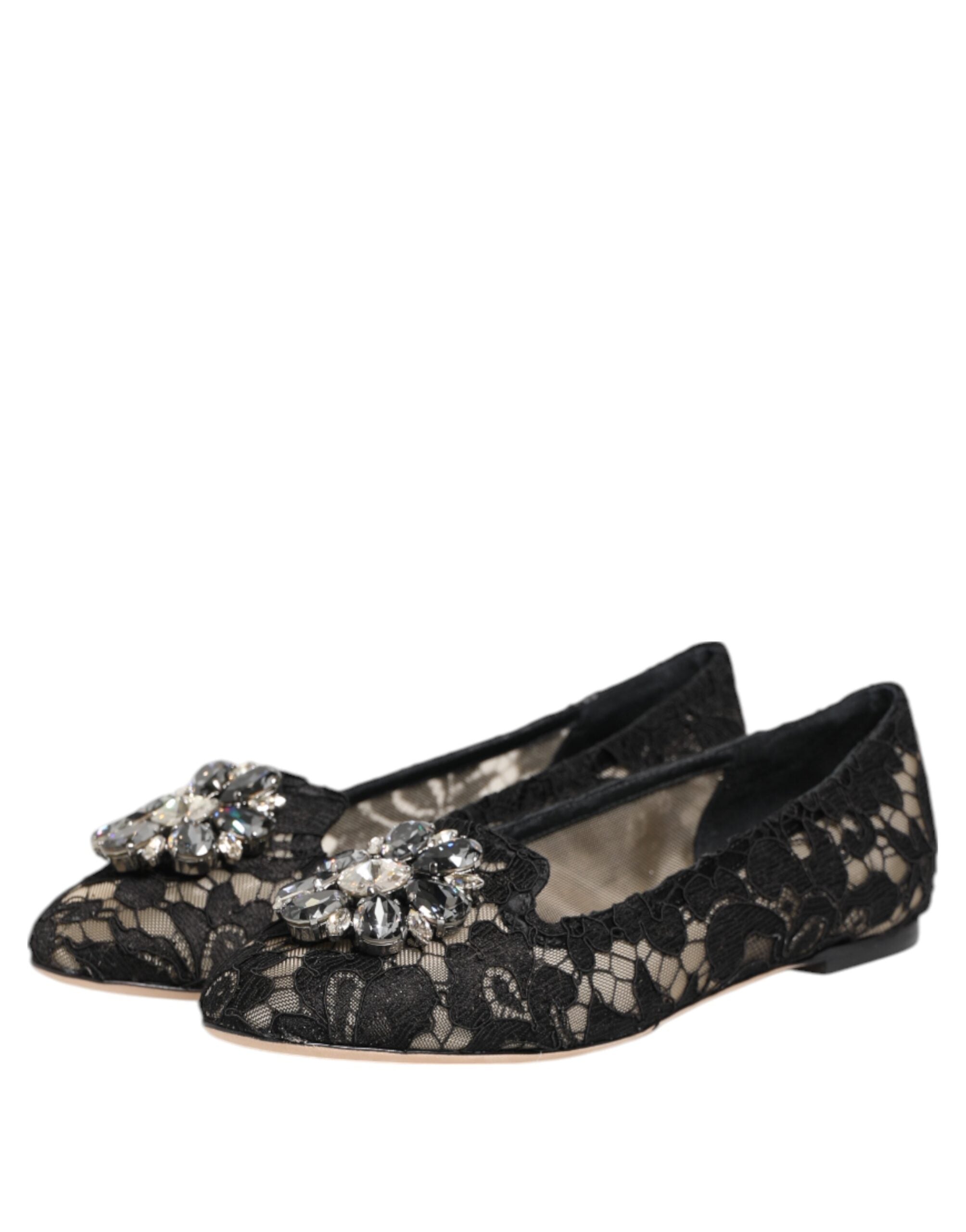 Dolce & Gabbana Black Taormina Lace Crystals Flats Shoes Dolce & Gabbana