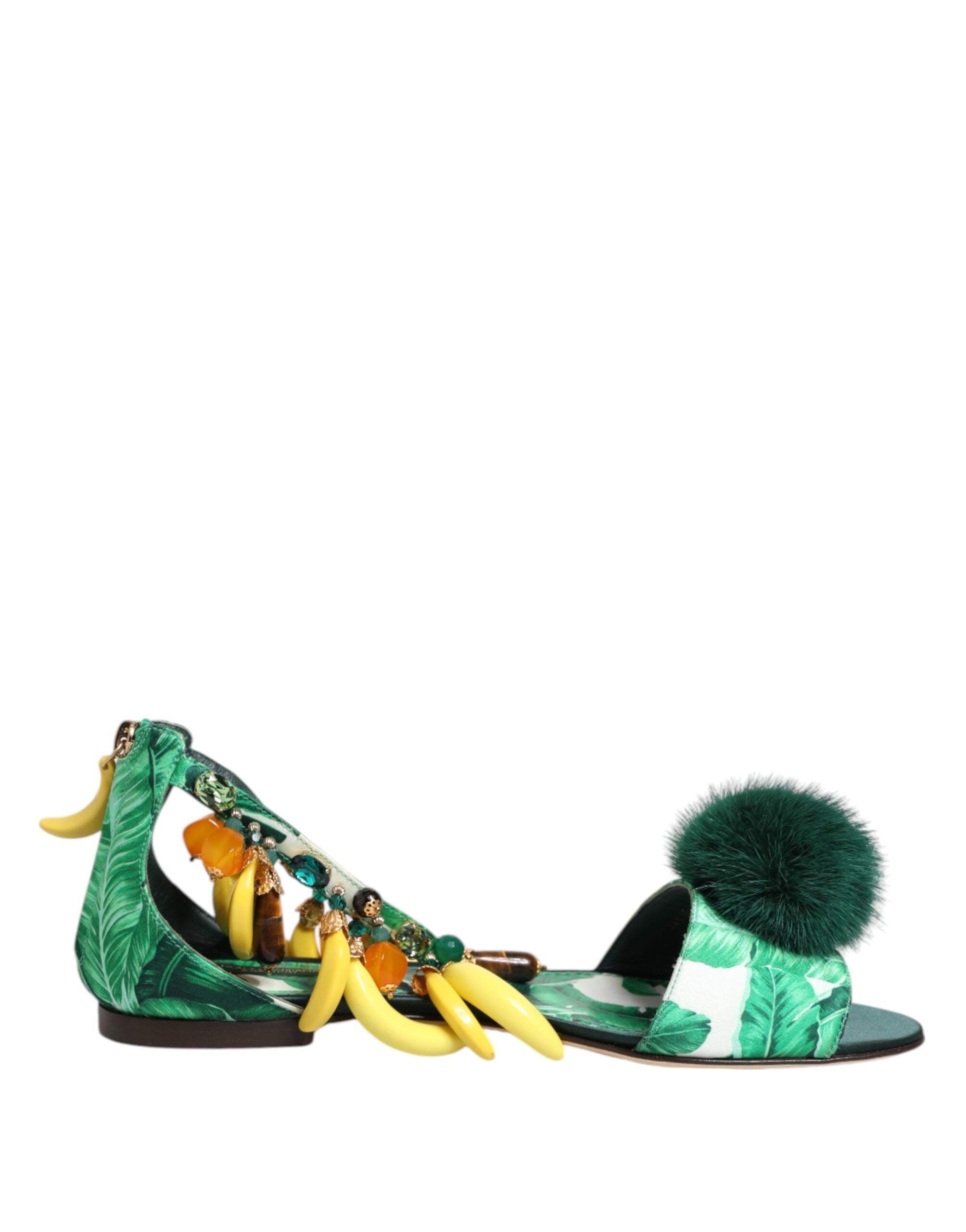 Dolce & Gabbana Green Mink Fur Satin Banana Leaf Sandals Shoes Dolce & Gabbana