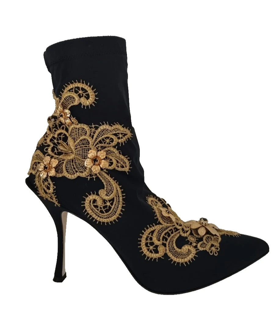 Dolce & Gabbana Black Gold Embroidery Crystal Boots Shoes Dolce & Gabbana