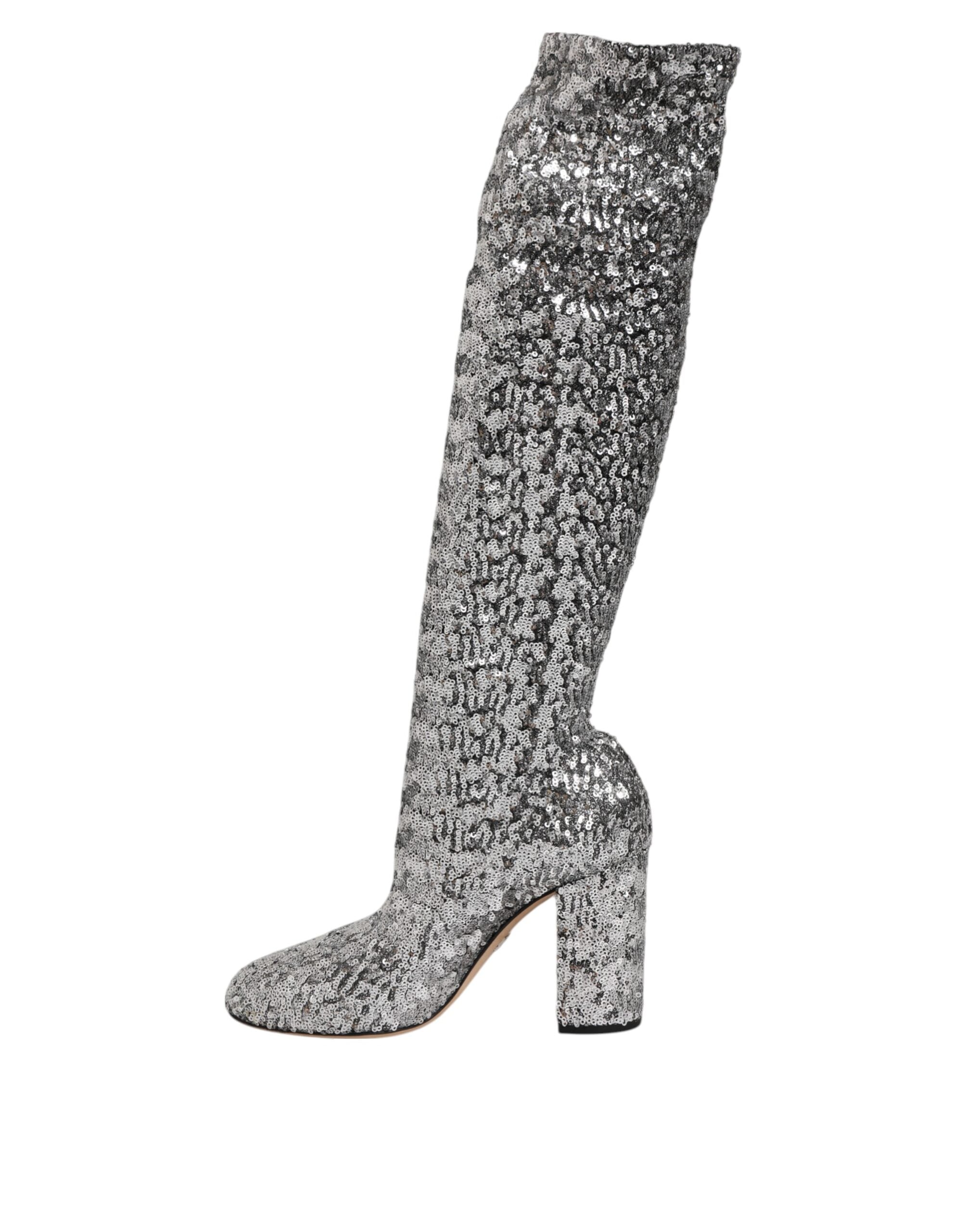 Dolce & Gabbana Shoes Silver Sequins Glitter High Heel Boot Shoes Dolce & Gabbana