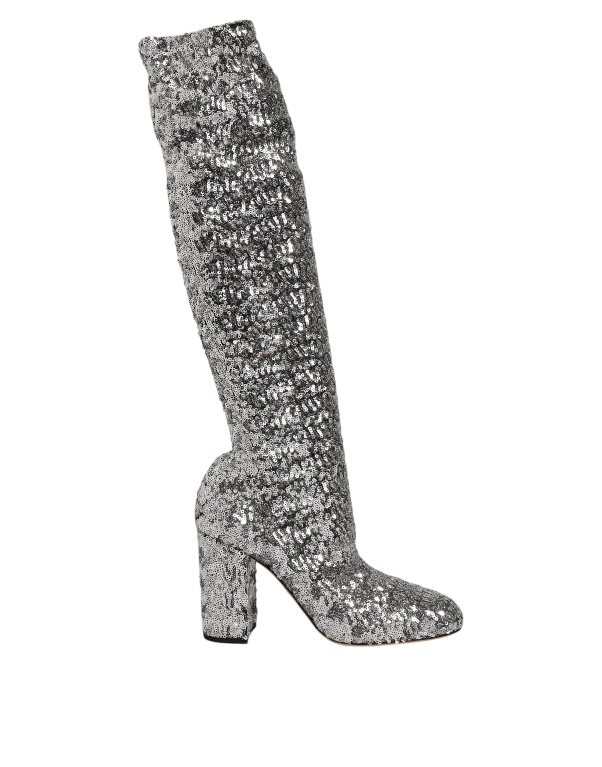 Dolce & Gabbana Shoes Silver Sequins Glitter High Heel Boot Shoes Dolce & Gabbana