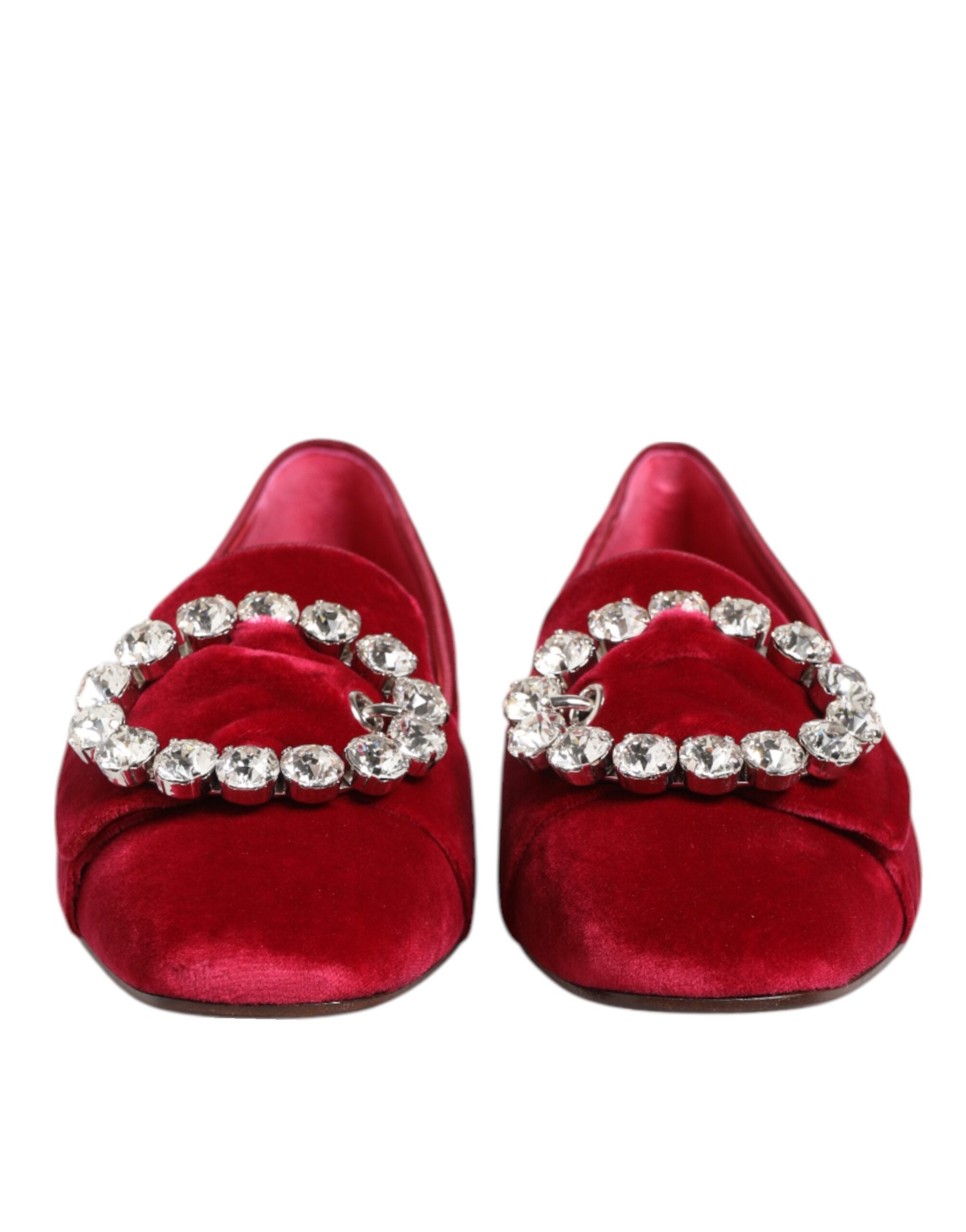 Dolce & Gabbana Red Velvet Crystal Buckle Loafers Flats Shoes Dolce & Gabbana