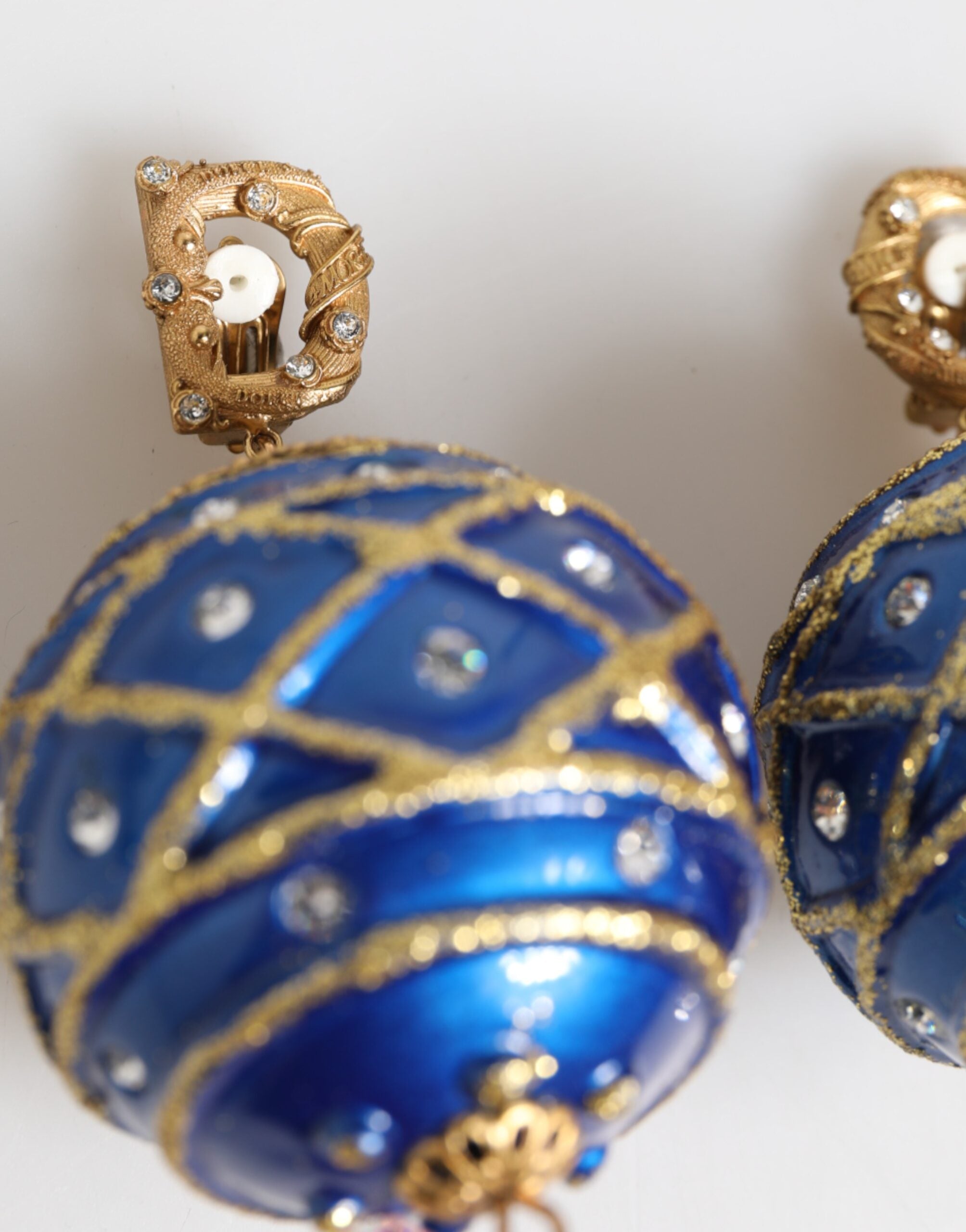 Dolce & Gabbana Gold Brass Blue Christmas Ball Crystal Drop Clip On Earrings Dolce & Gabbana
