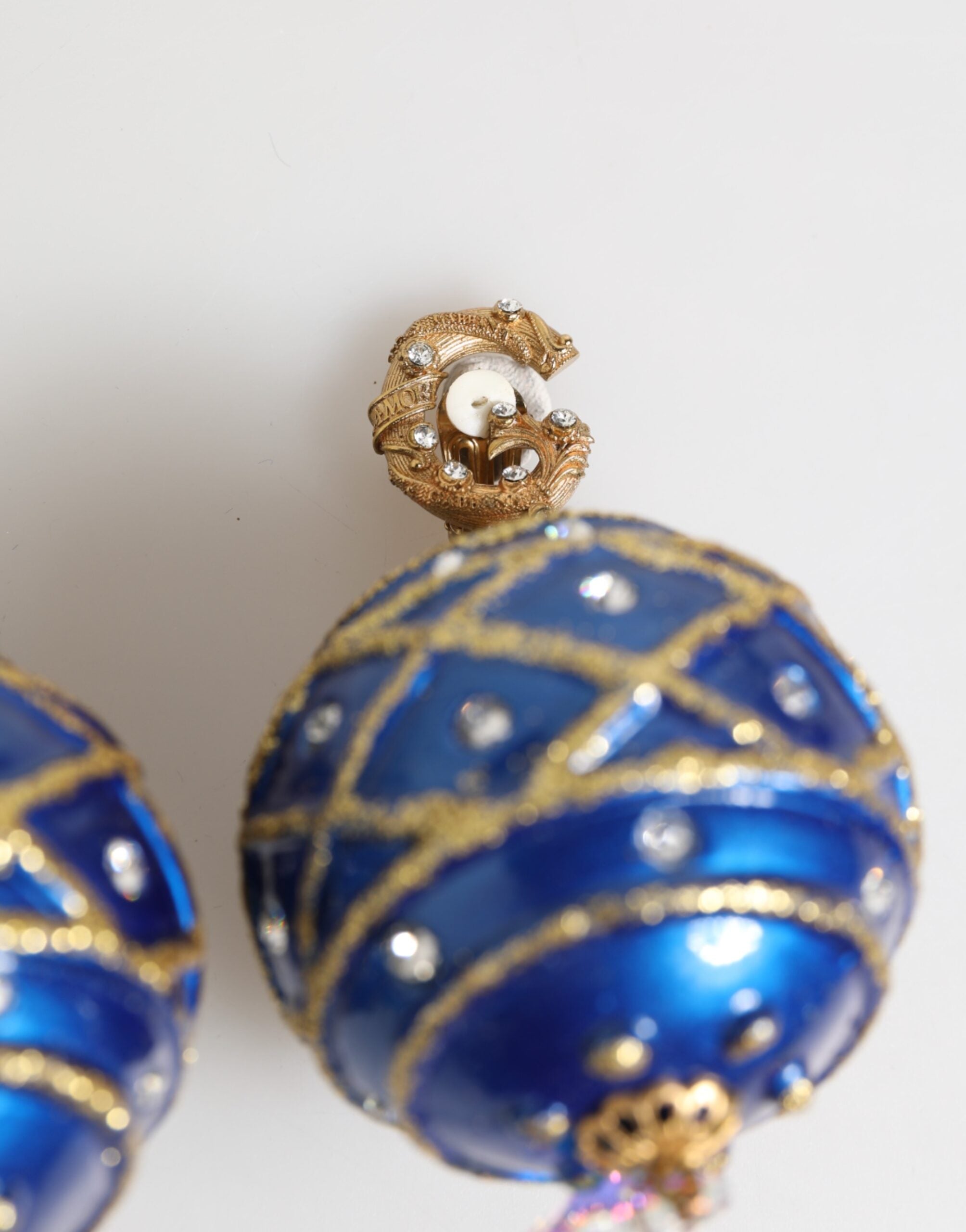 Dolce & Gabbana Gold Brass Blue Christmas Ball Crystal Drop Clip On Earrings Dolce & Gabbana