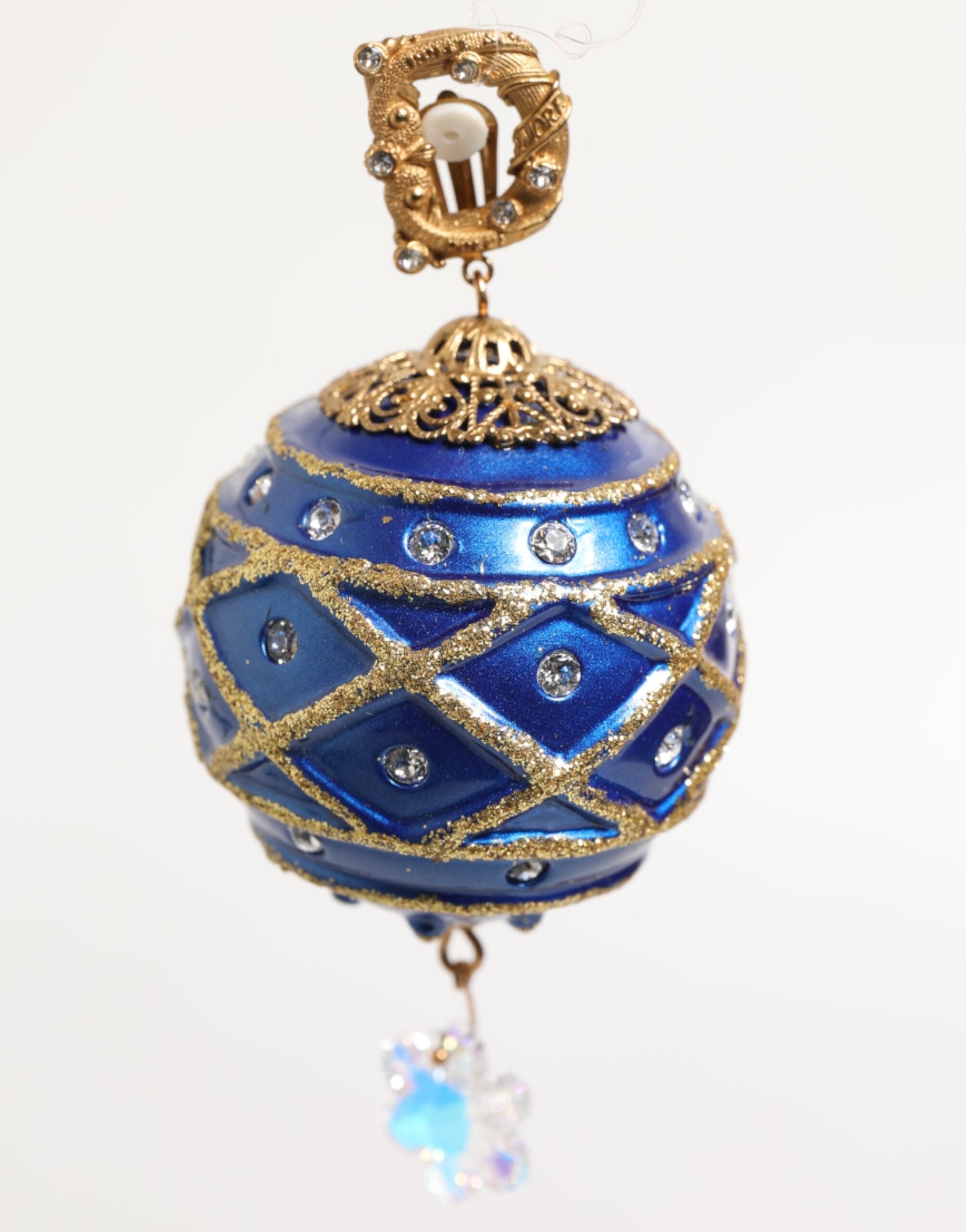 Dolce & Gabbana Gold Brass Blue Christmas Ball Crystal Drop Clip On Earrings Dolce & Gabbana