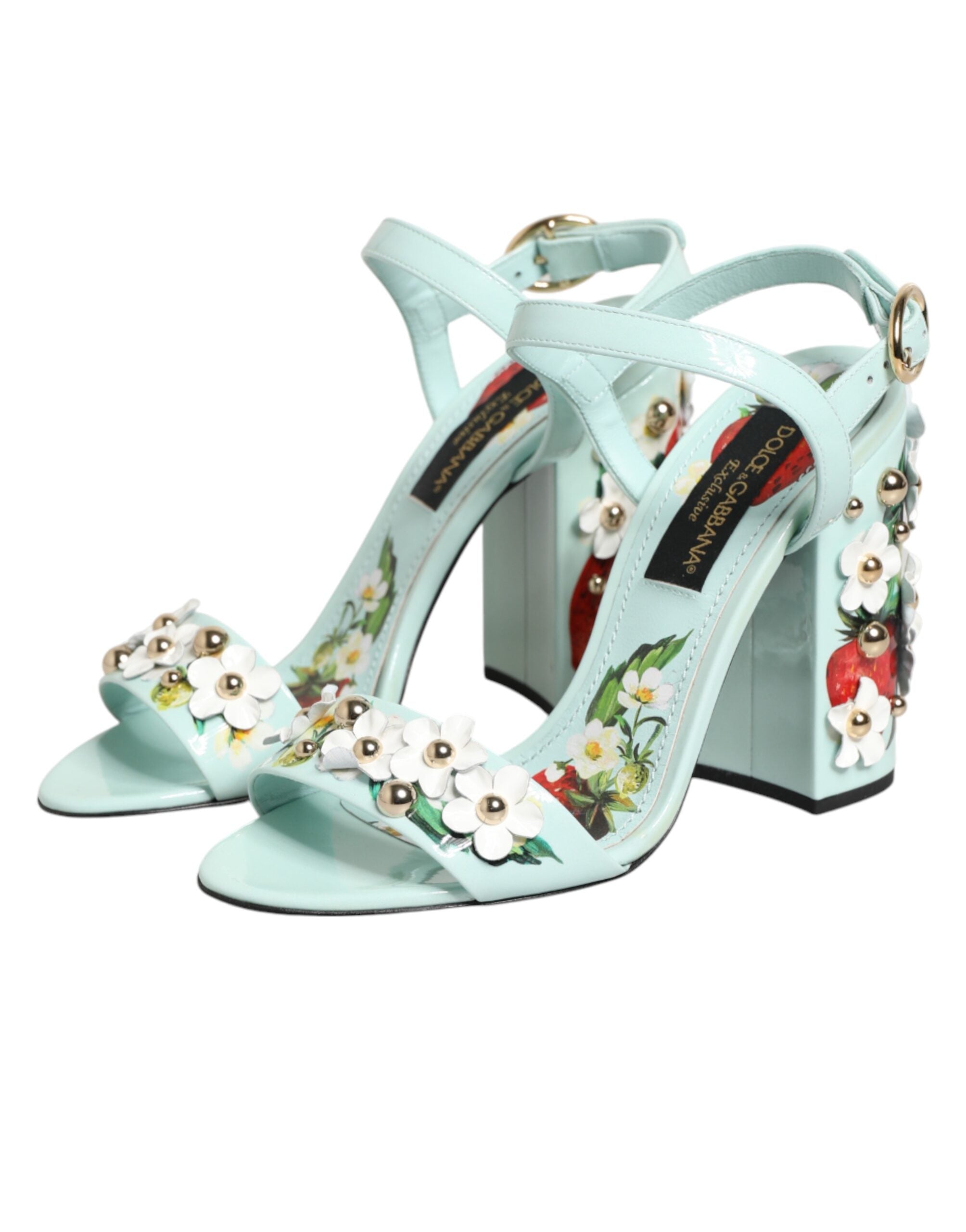 Dolce & Gabbana Mint Green Floral Studs Heels Sandals Shoes Dolce & Gabbana