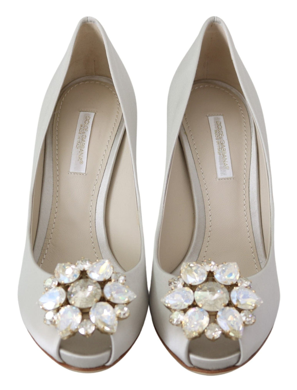 Dolce & Gabbana White Crystals Peep Toe Heels Satin Pumps Shoes Dolce & Gabbana