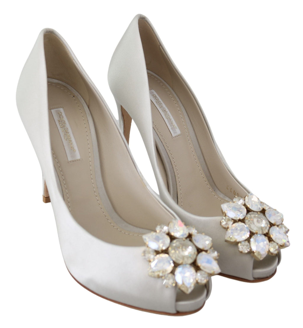 Dolce & Gabbana White Crystals Peep Toe Heels Satin Pumps Shoes Dolce & Gabbana