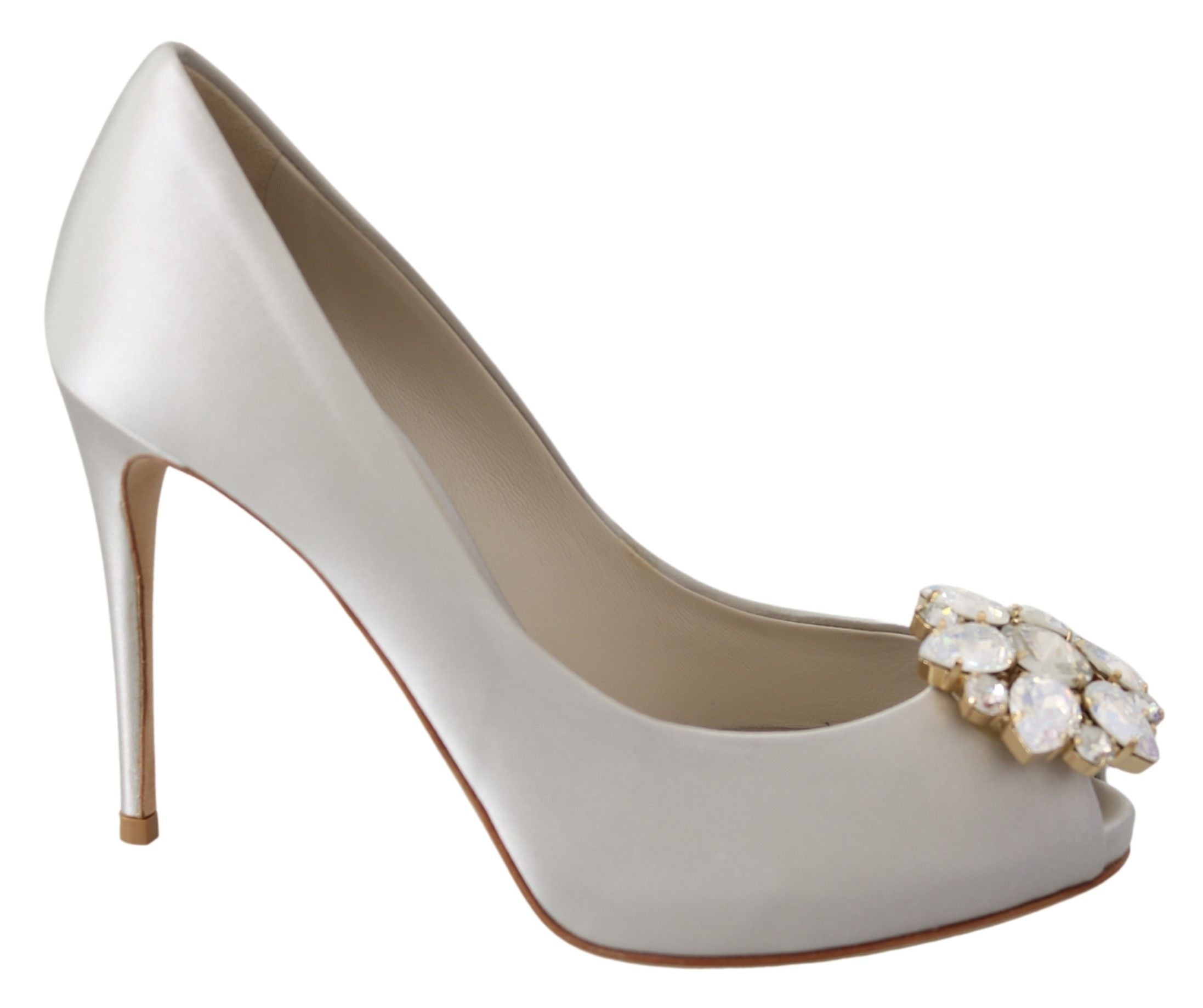 Dolce & Gabbana White Crystals Peep Toe Heels Satin Pumps Shoes Dolce & Gabbana