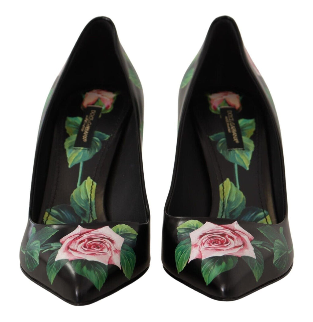 Dolce & Gabbana Black Leather Roses High Heels Pumps Shoes Dolce & Gabbana