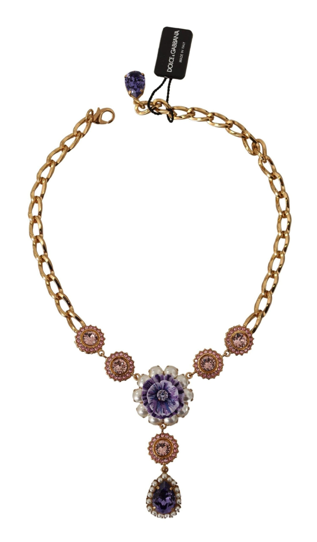 Dolce & Gabbana Gold Brass Crystal Purple Pink Pearl Pendants Necklace Dolce & Gabbana