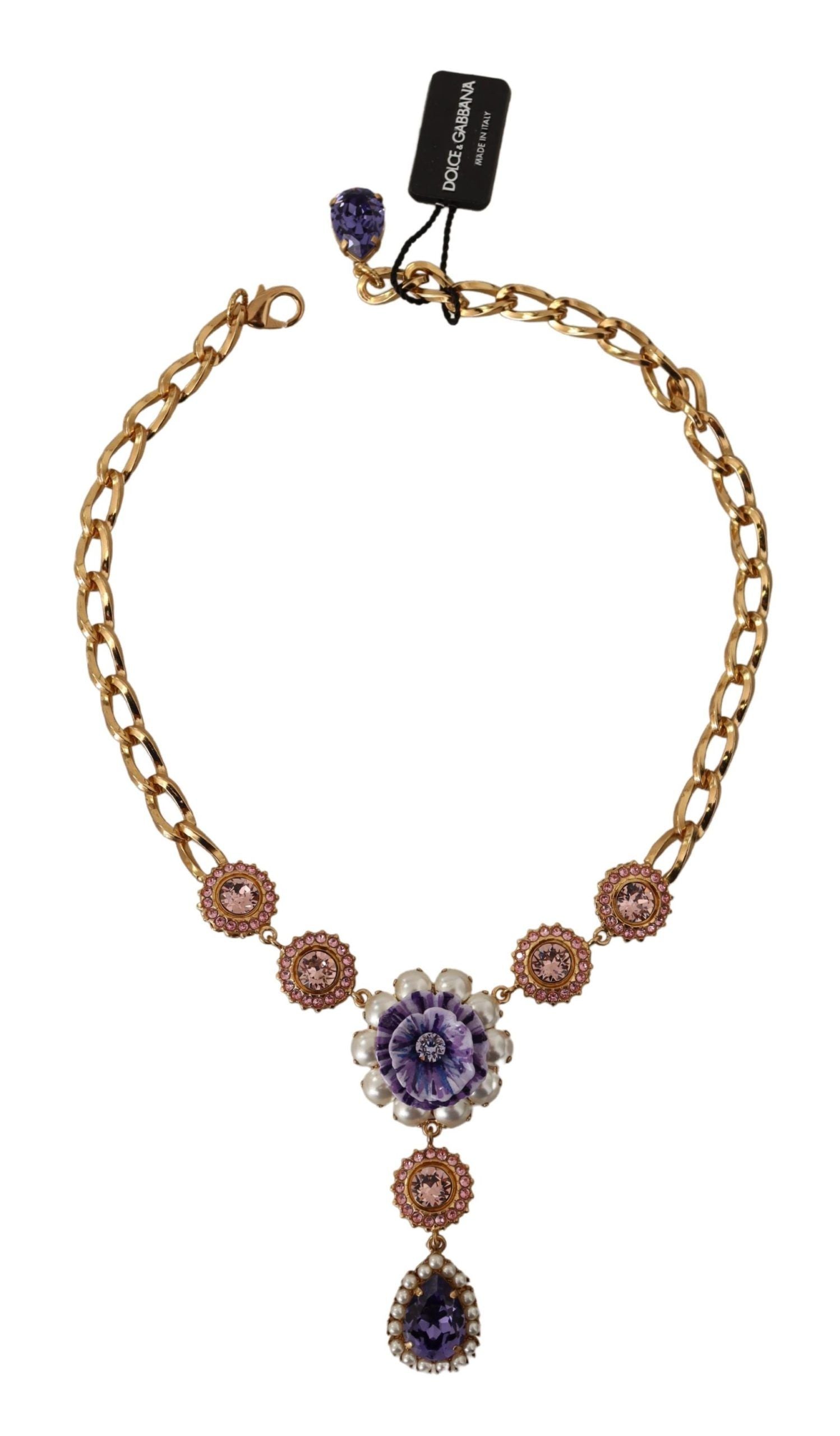 Dolce & Gabbana Gold Brass Crystal Purple Pink Pearl Pendants Necklace Dolce & Gabbana