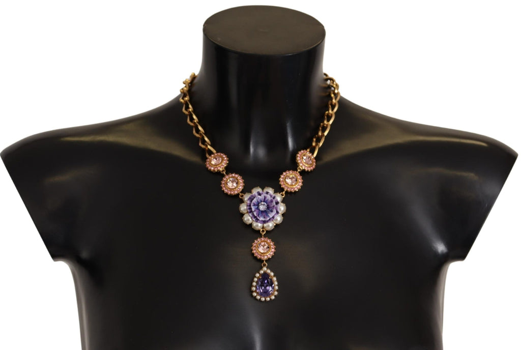Dolce & Gabbana Gold Brass Crystal Purple Pink Pearl Pendants Necklace Dolce & Gabbana