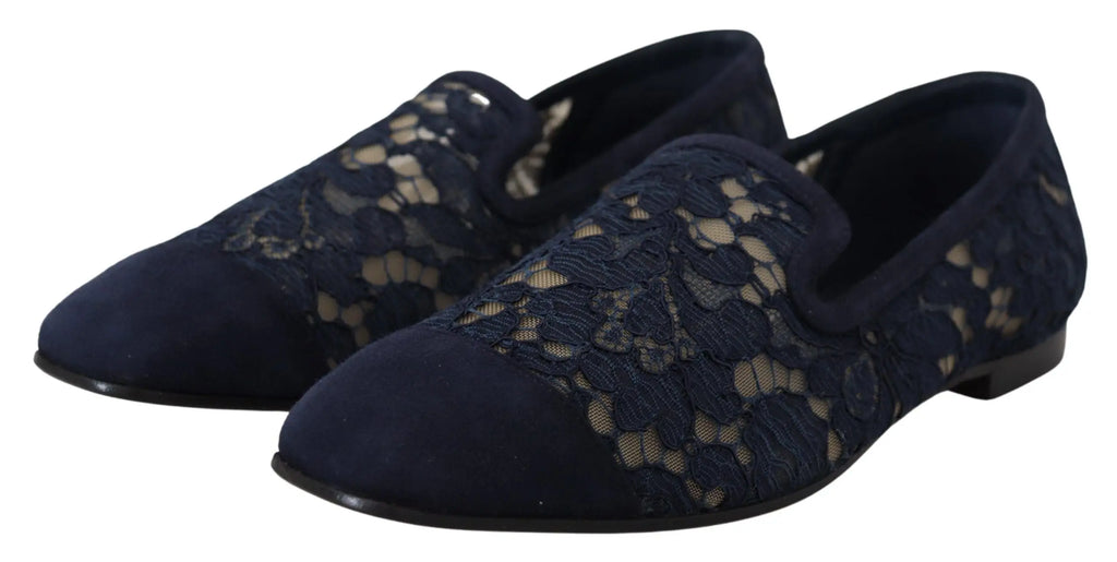 Dolce & Gabbana Blue Floral Lace Slip Ons Loafers Flats Shoes Dolce & Gabbana