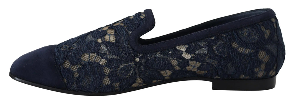 Dolce & Gabbana Blue Floral Lace Slip Ons Loafers Flats Shoes Dolce & Gabbana
