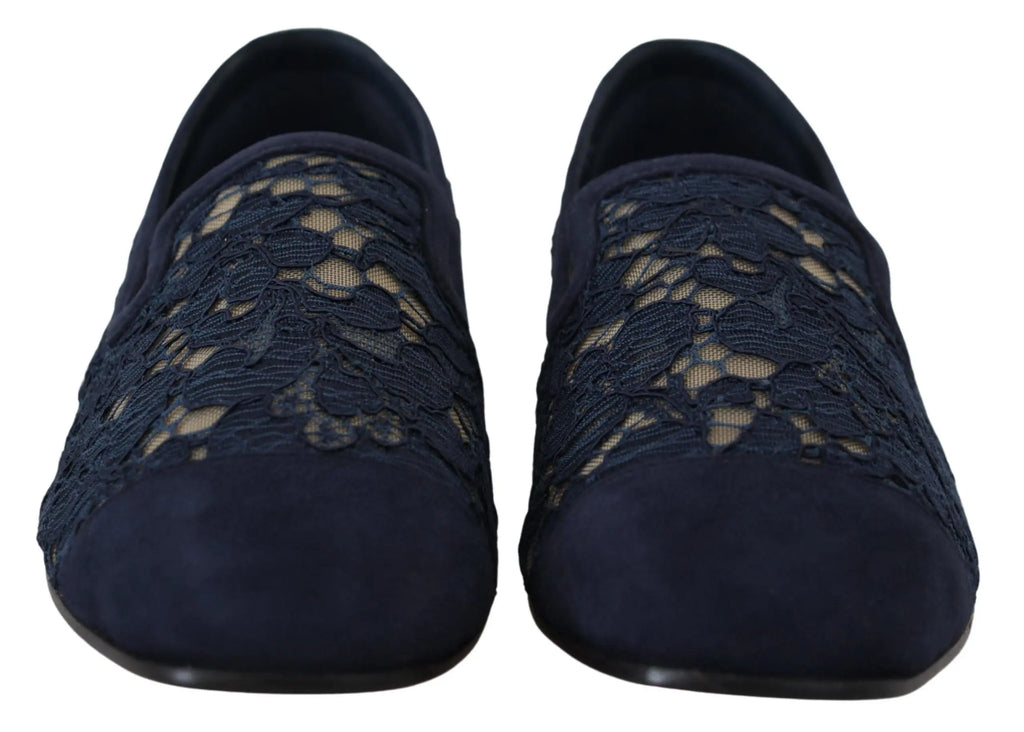 Dolce & Gabbana Blue Floral Lace Slip Ons Loafers Flats Shoes Dolce & Gabbana