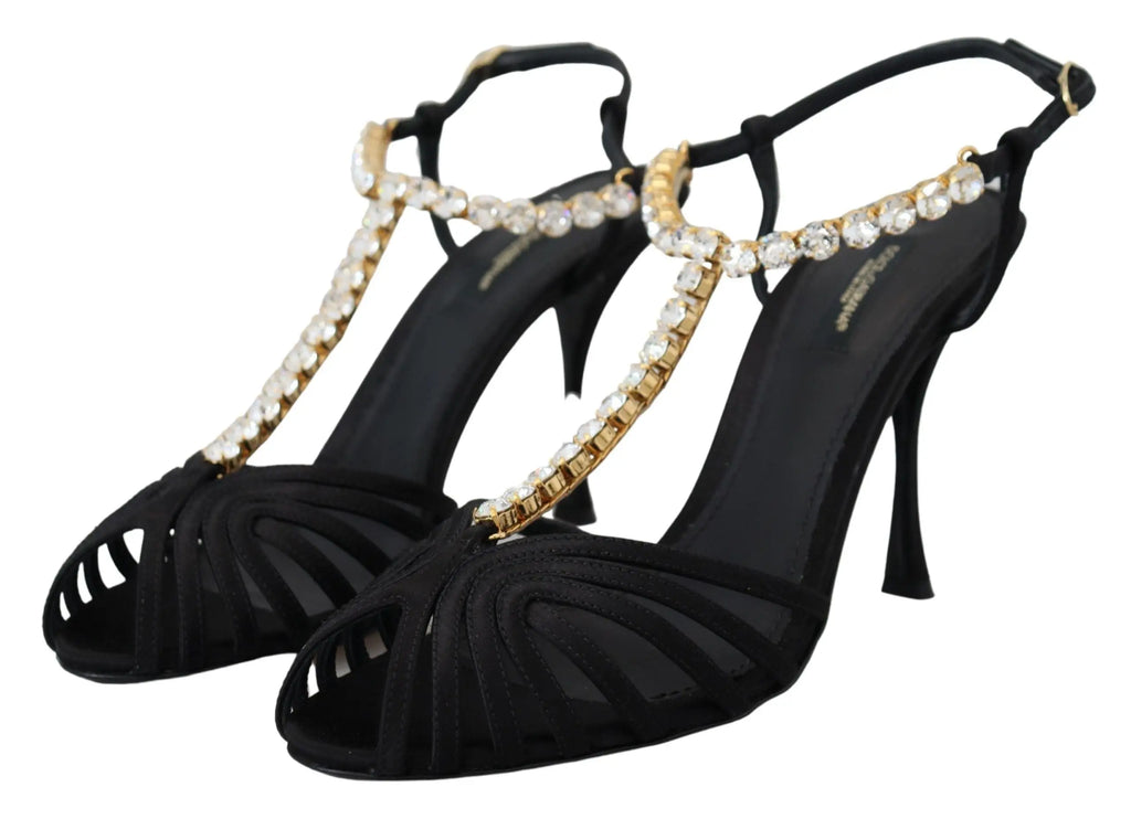 Dolce & Gabbana Black Satin Clear Crystal T-strap Sandal Shoes Dolce & Gabbana