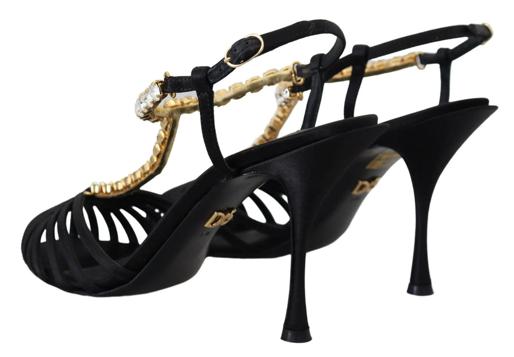 Dolce & Gabbana Black Satin Clear Crystal T-strap Sandal Shoes Dolce & Gabbana