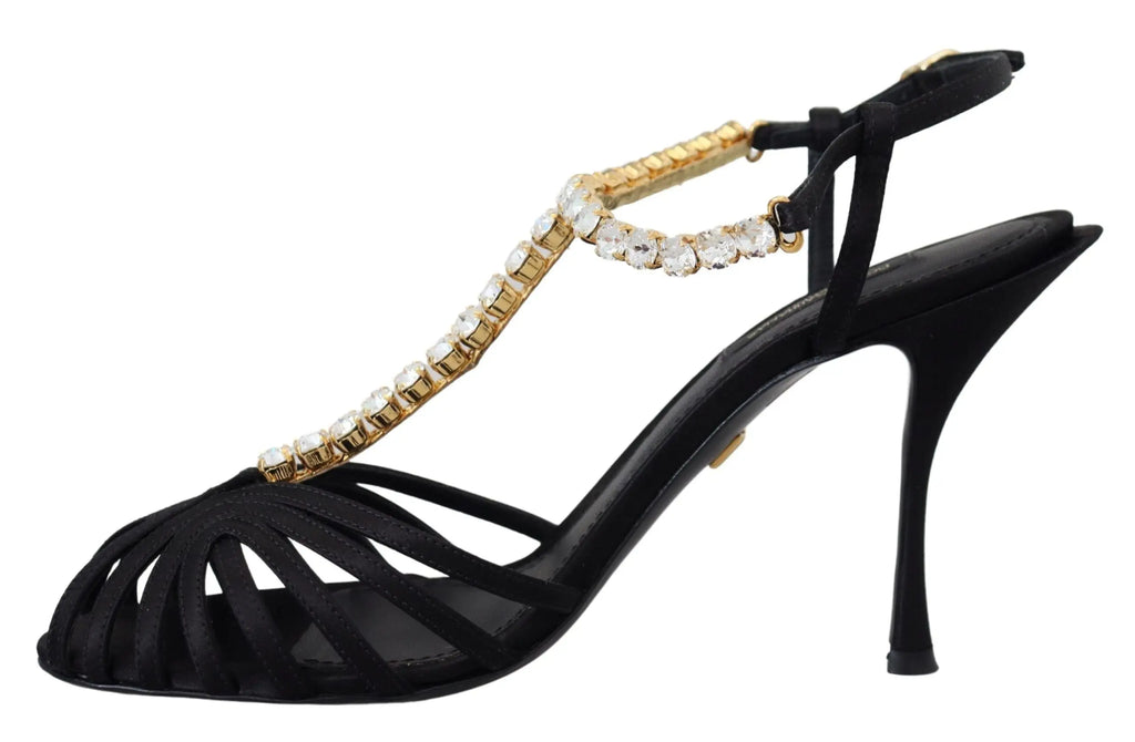 Dolce & Gabbana Black Satin Clear Crystal T-strap Sandal Shoes Dolce & Gabbana