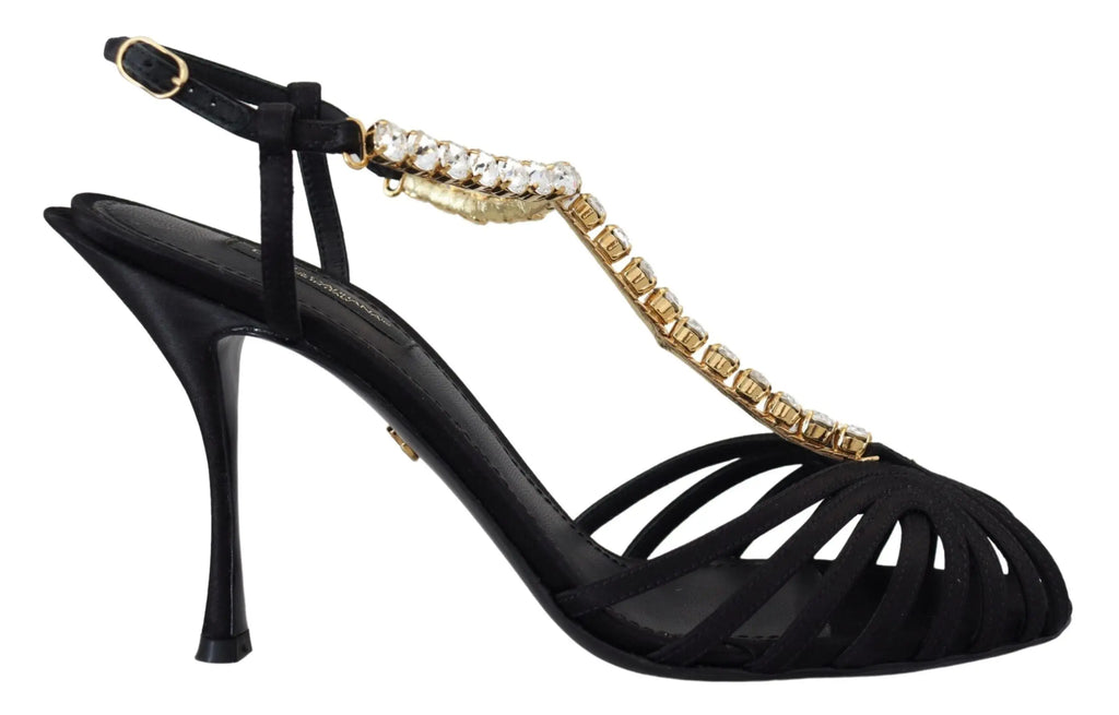 Dolce & Gabbana Black Satin Clear Crystal T-strap Sandal Shoes Dolce & Gabbana