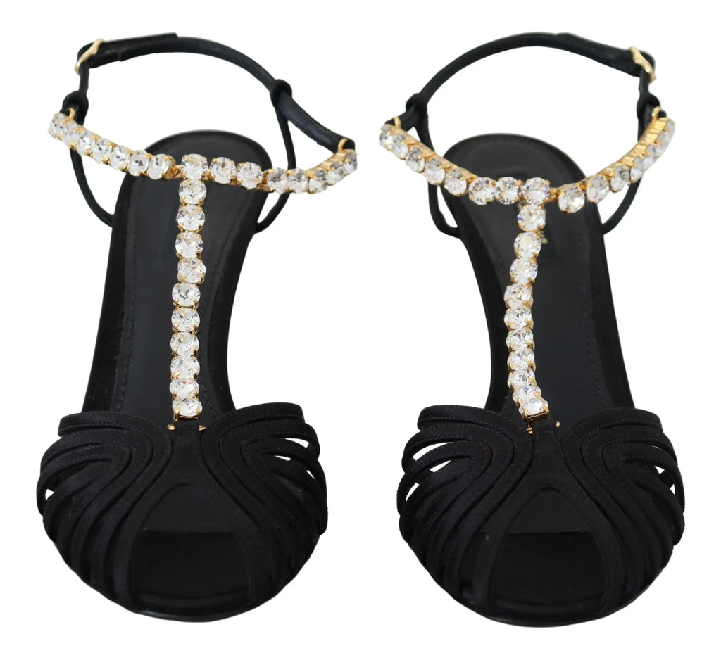 Dolce & Gabbana Black Satin Clear Crystal T-strap Sandal Shoes Dolce & Gabbana