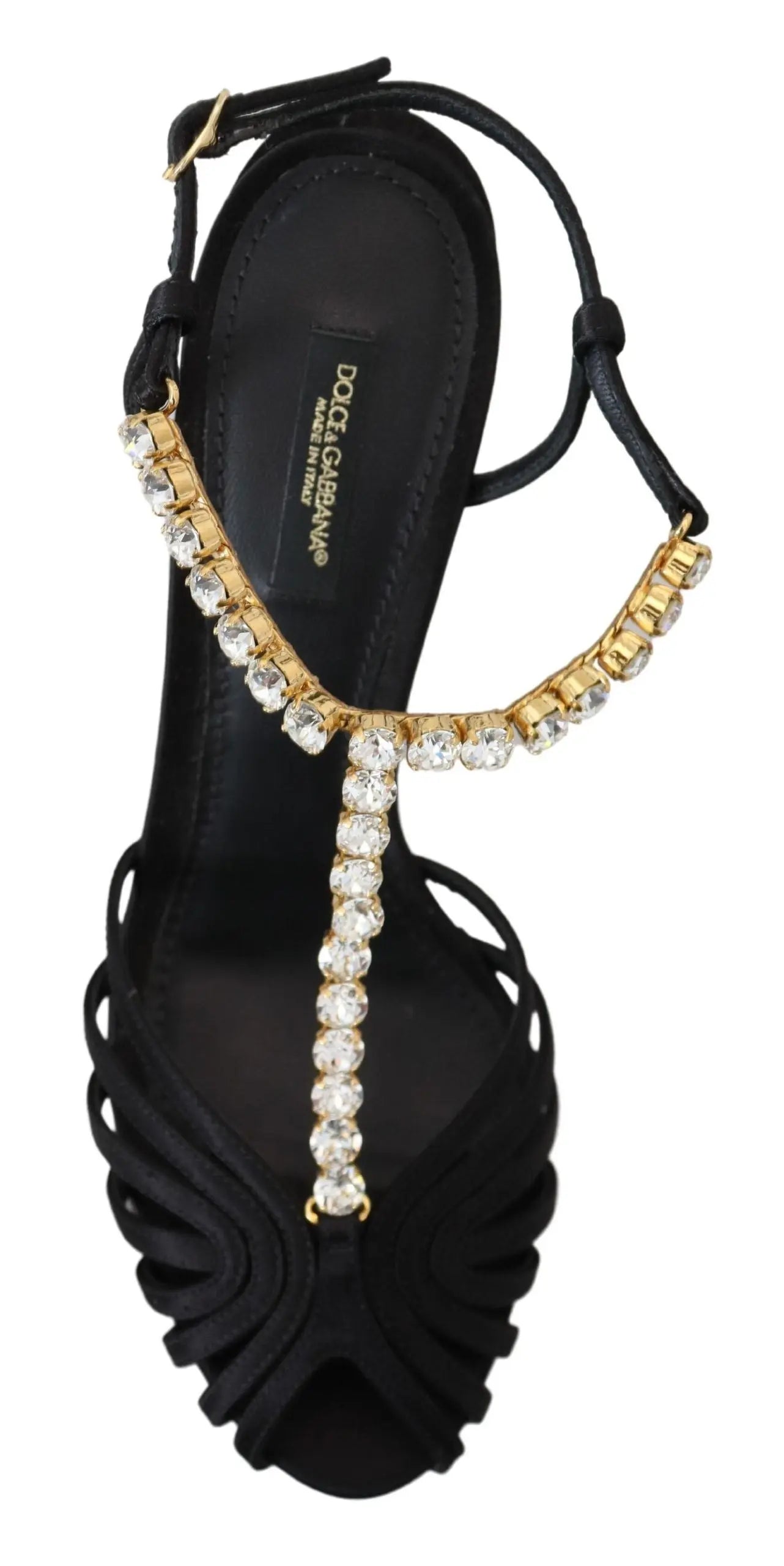 Dolce & Gabbana Black Satin Clear Crystal T-strap Sandal Shoes Dolce & Gabbana