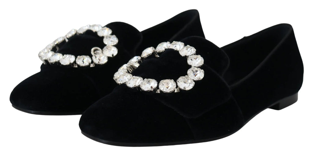 Dolce & Gabbana Black Velvet Crystals Loafers Flats Shoes Dolce & Gabbana
