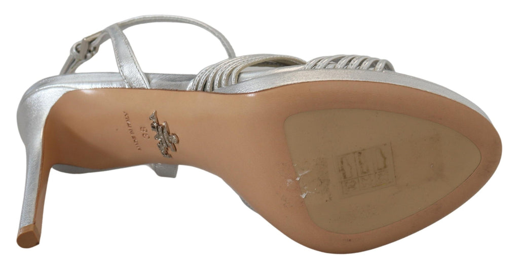Prada Silver Leather Sandals Ankle Strap Heels Stiletto Prada