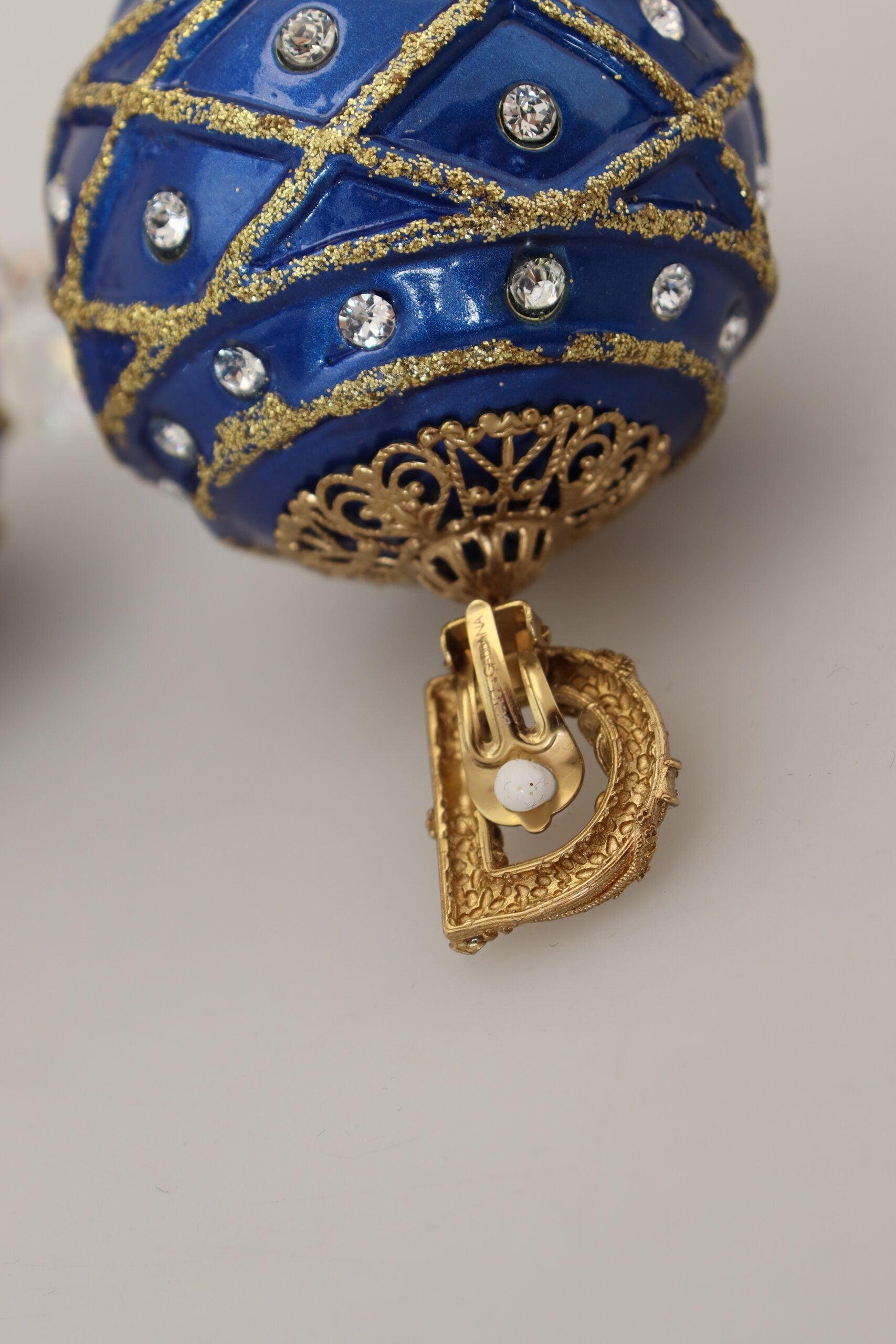 Dolce & Gabbana Gold Brass Blue Dangle Ball Crystal Clip On Earrings Dolce & Gabbana