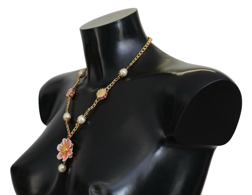 Dolce & Gabbana Gold Tone Floral Crystals Pink Embellished Necklace Dolce & Gabbana