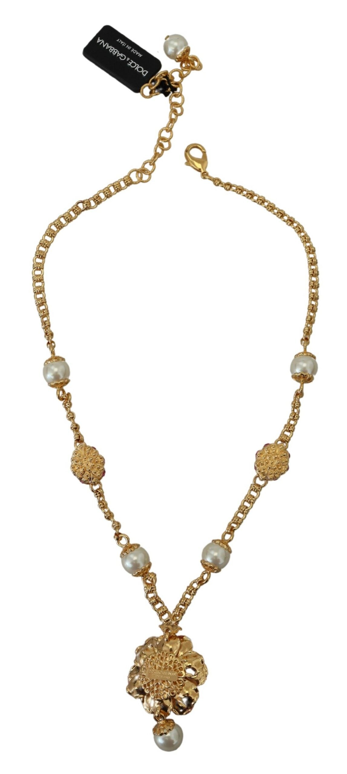 Dolce & Gabbana Gold Tone Floral Crystals Pink Embellished Necklace Dolce & Gabbana