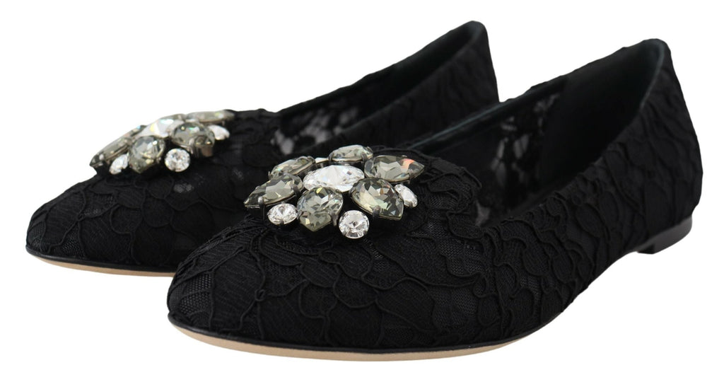 Dolce & Gabbana Black Taormina Lace Crystals Flats Shoes Dolce & Gabbana