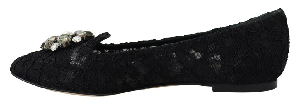 Dolce & Gabbana Black Taormina Lace Crystals Flats Shoes Dolce & Gabbana