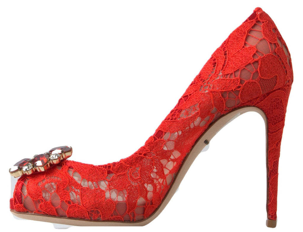Dolce & Gabbana Red Taormina Lace Crystal Heels Pumps Shoes Dolce & Gabbana
