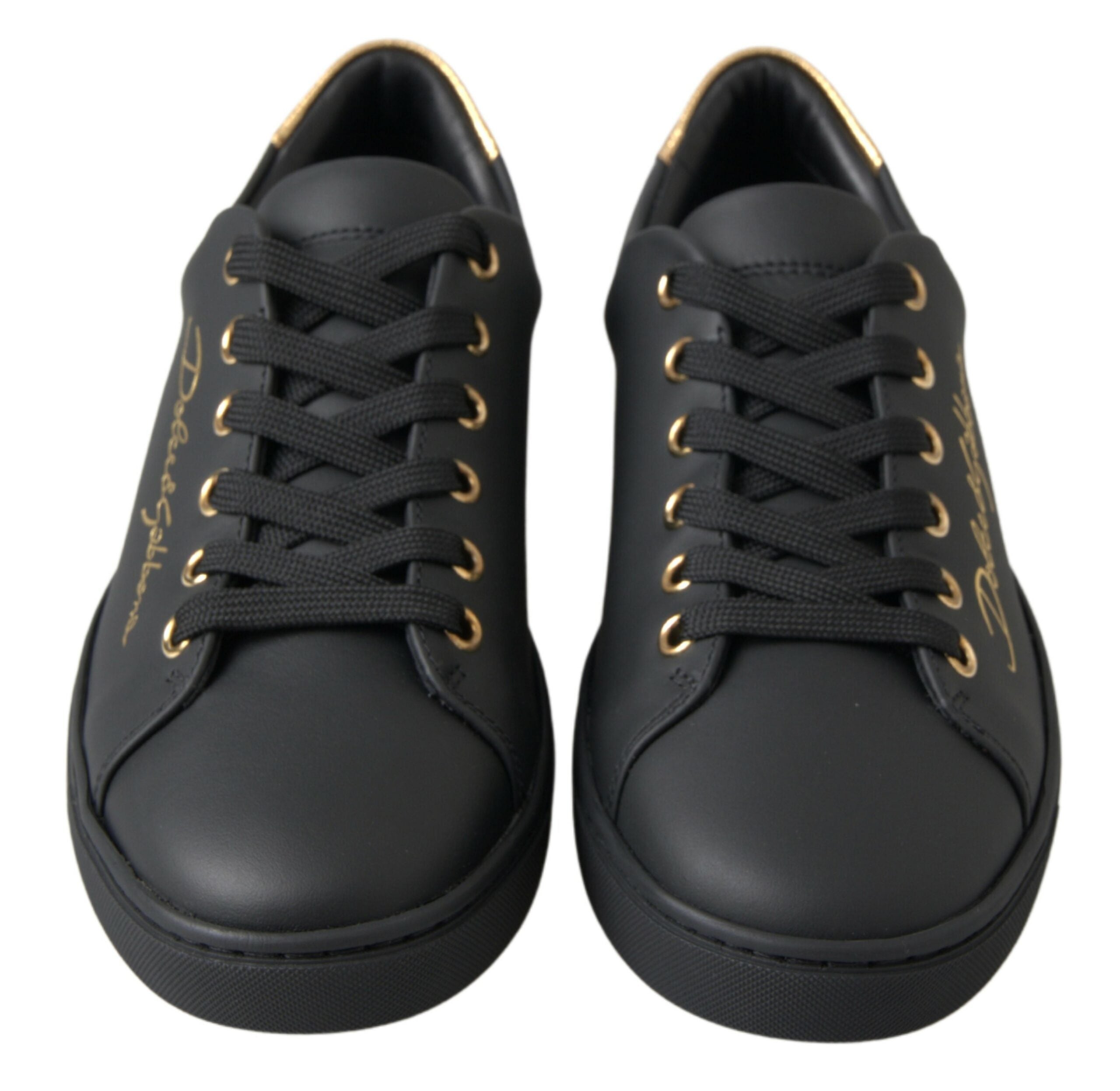 Dolce & Gabbana Black Gold Leather Classic Sneakers Shoes Dolce & Gabbana