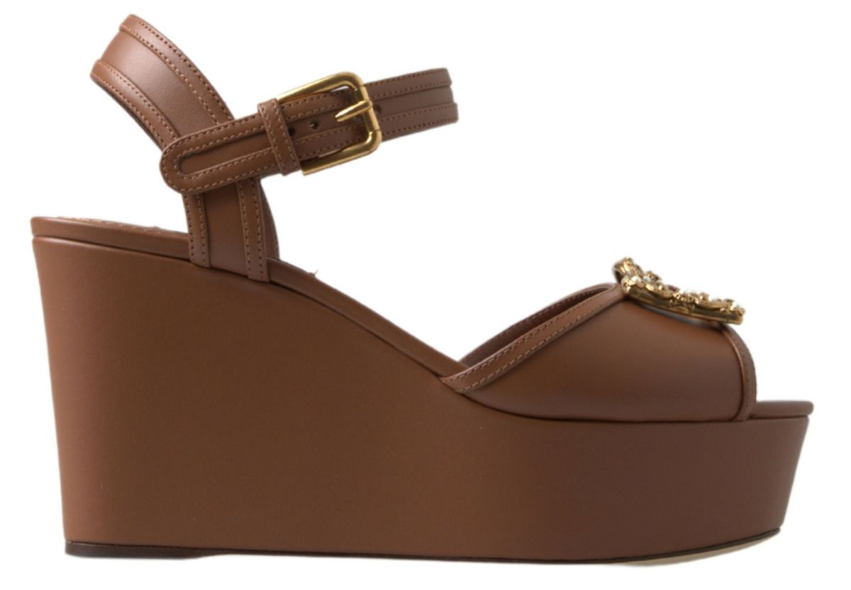 Dolce & Gabbana Brown Leather AMORE Wedges Sandals Shoes Dolce & Gabbana