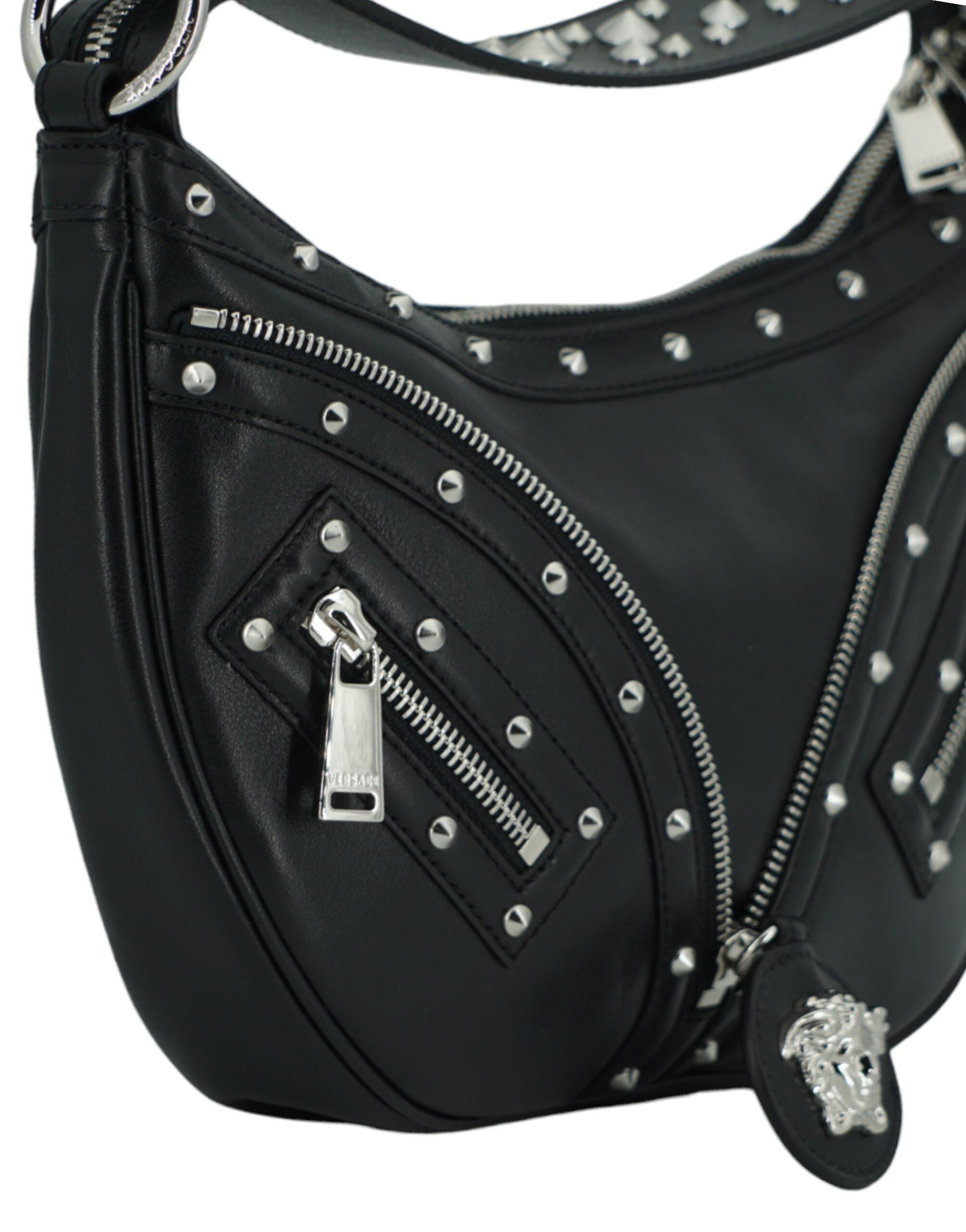 Versace Elegant Black Leather Hobo Shoulder Bag Versace