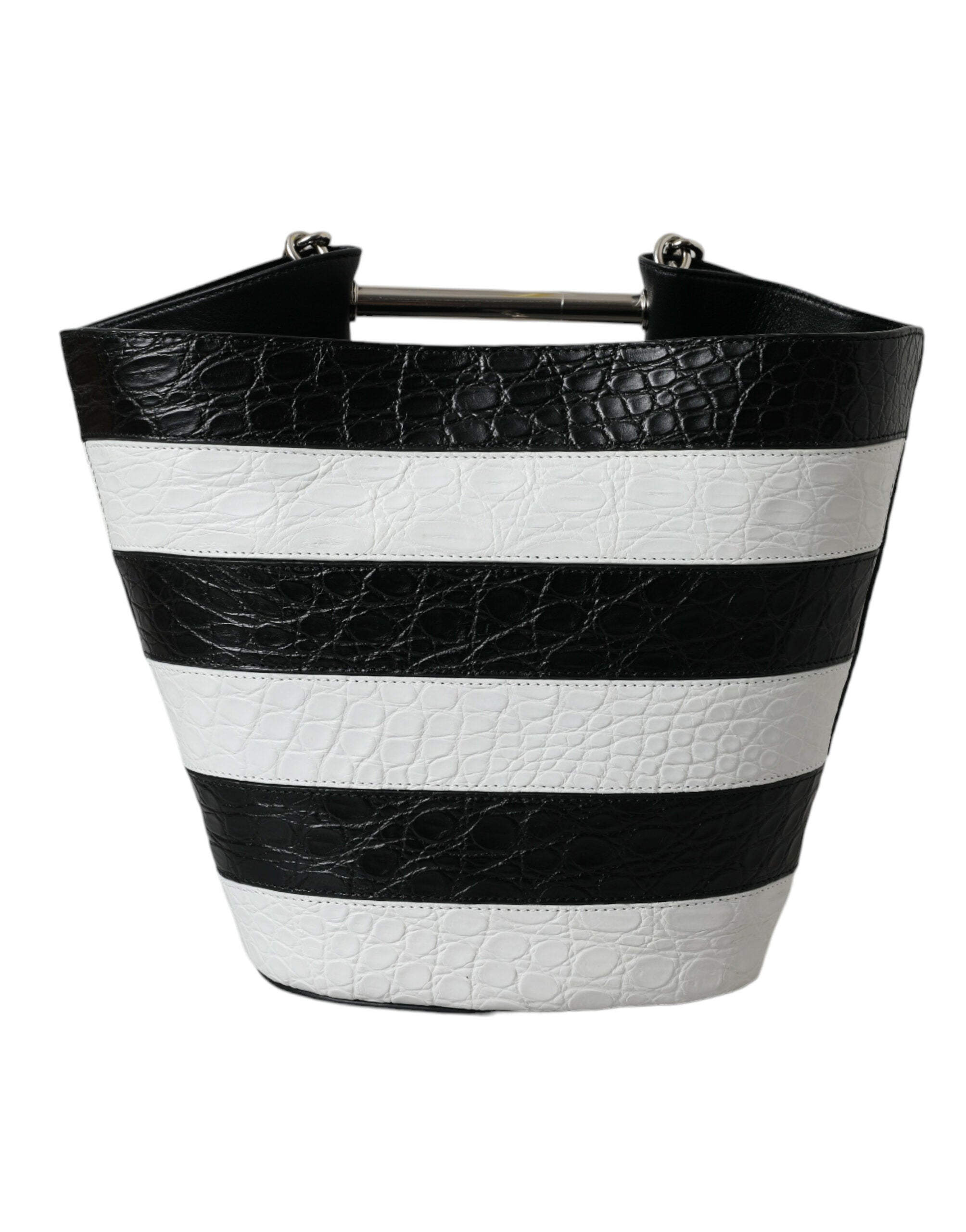 Balenciaga Black White Striped Exotic Skin Leather Maxi Bucket Tote Bag Balenciaga
