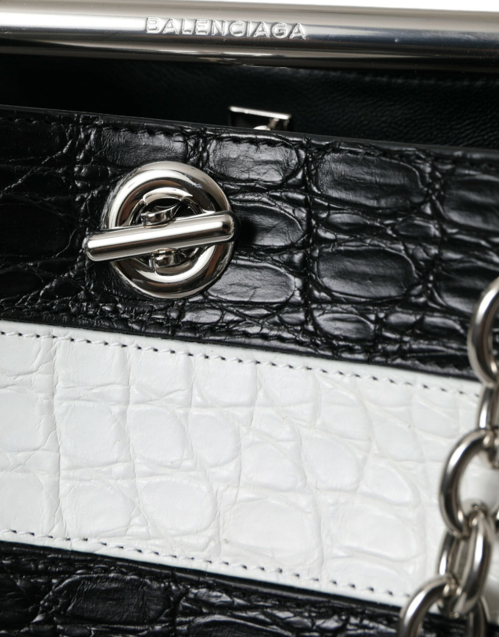 Balenciaga Black White Striped Exotic Skin Leather Maxi Bucket Tote Bag Balenciaga